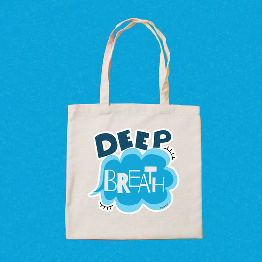Deep Breath Tote Bag with original drawing of a serene cloud and the words Deep Breath written across it, perfect for carrying daily essentials and adding a touch of whimsy to your outfit.