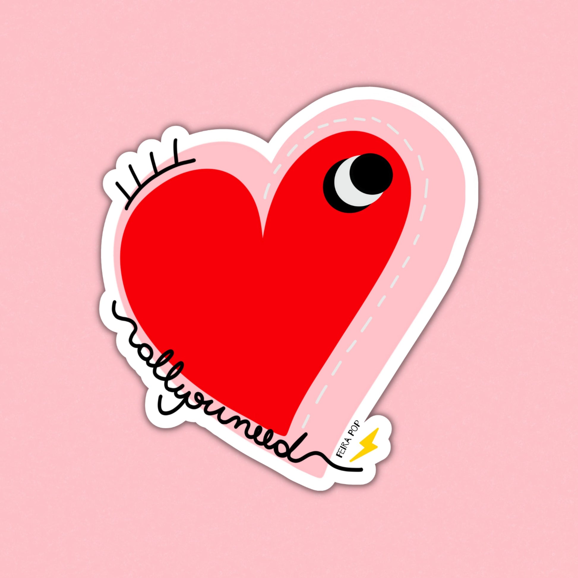 Sticker with the phrase 'All You Need' featuring a drawing of a big red heart with one eye. Perfect for laptops, notebooks, and water bottles, this quirky design adds a touch of whimsy and spreads love and good vibes.