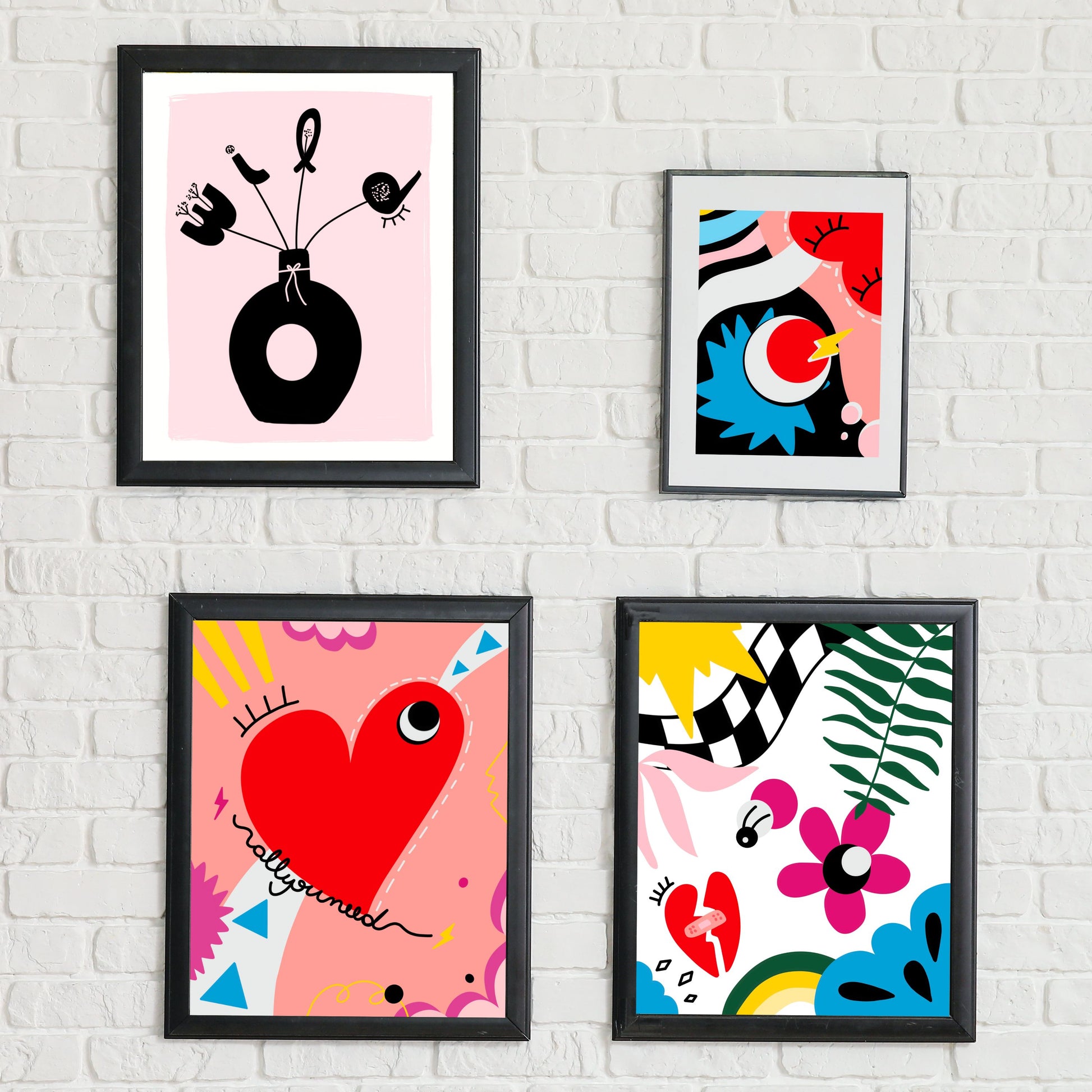 All You Need art print with an original drawing of a quirky red heart with one big eye, colorful background, adding a touch of whimsy and joy to any space.