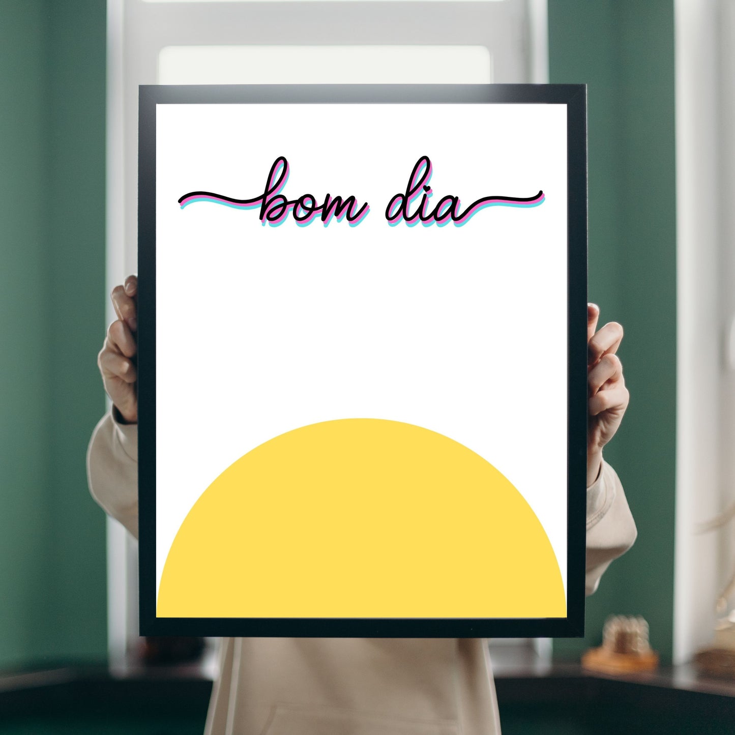 Bom Dia Art Print featuring a vibrant yellow sun and the spirited phrase Bom Dia, perfect for brightening any space with a cheerful morning greeting. Bom Dia means Good Morning in Portuguese.