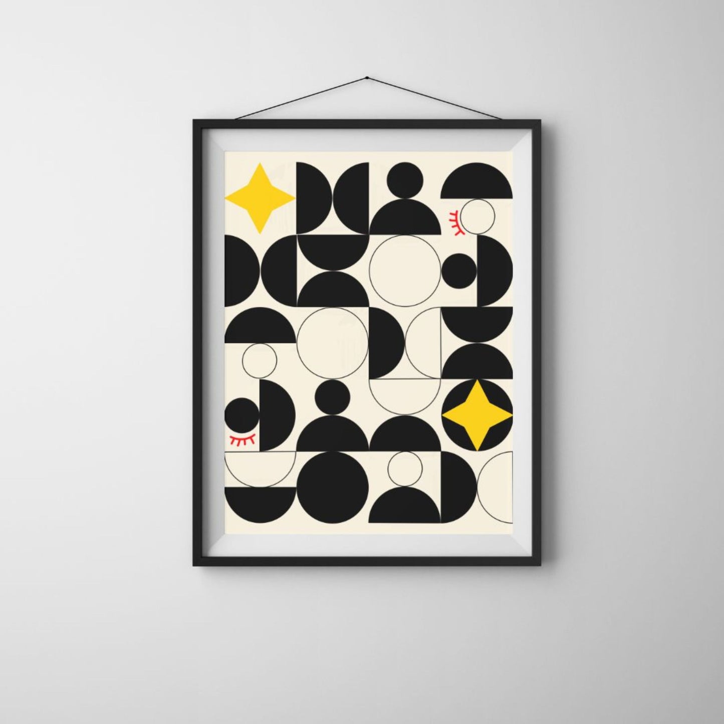 Art deco-inspired Brasilia art print with a beige background, black blocks, and two four-pointed stars, capturing the modernist charm of Brazil's capital city.