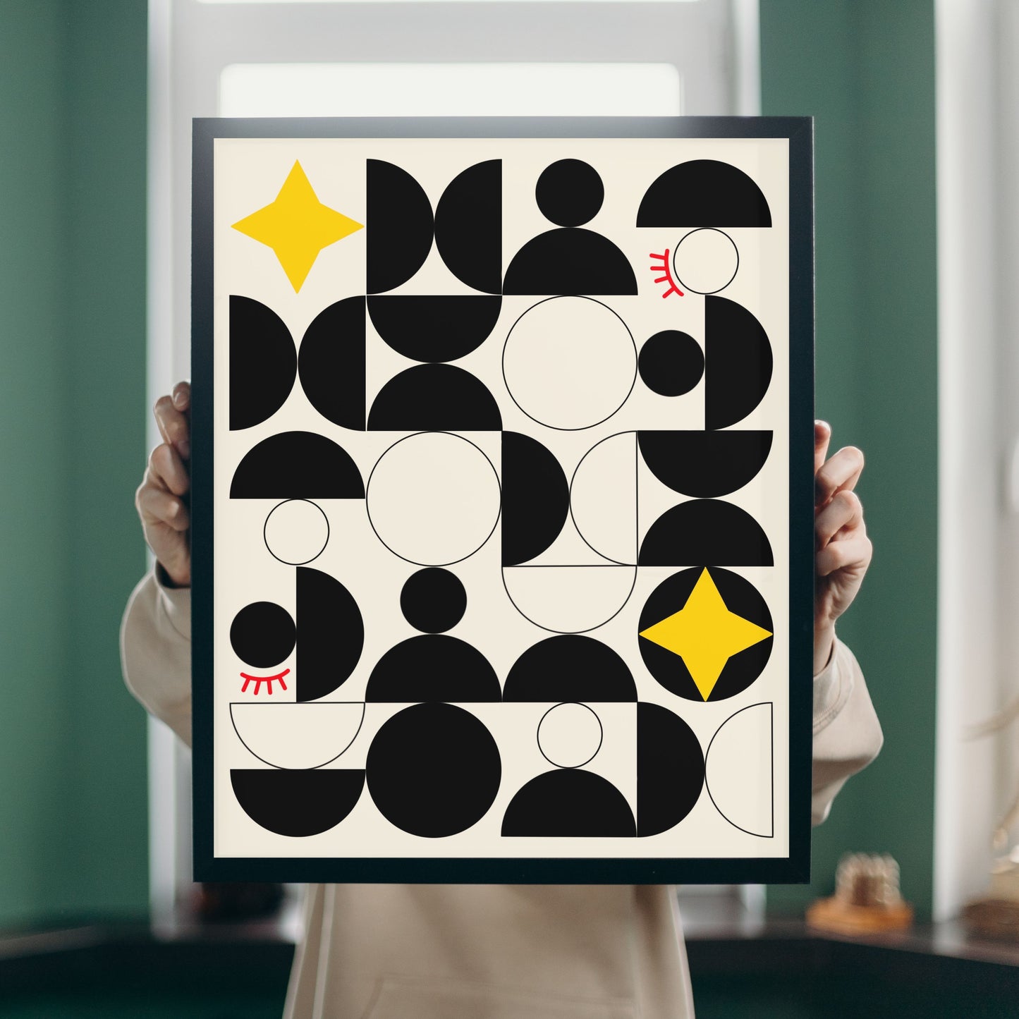 Art deco-inspired Brasilia art print with a beige background, black blocks, and two four-pointed stars, capturing the modernist charm of Brazil's capital city.