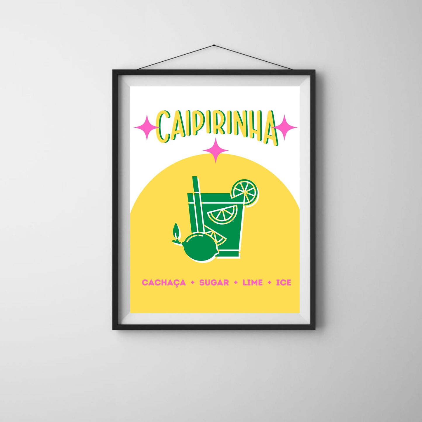 Caipirinha Cocktail art print with a white and yellow background featuring a green caipirinha cocktail drawing and ingredients listed at the bottom. Vibrant and fun design perfect for kitchens and bars.
