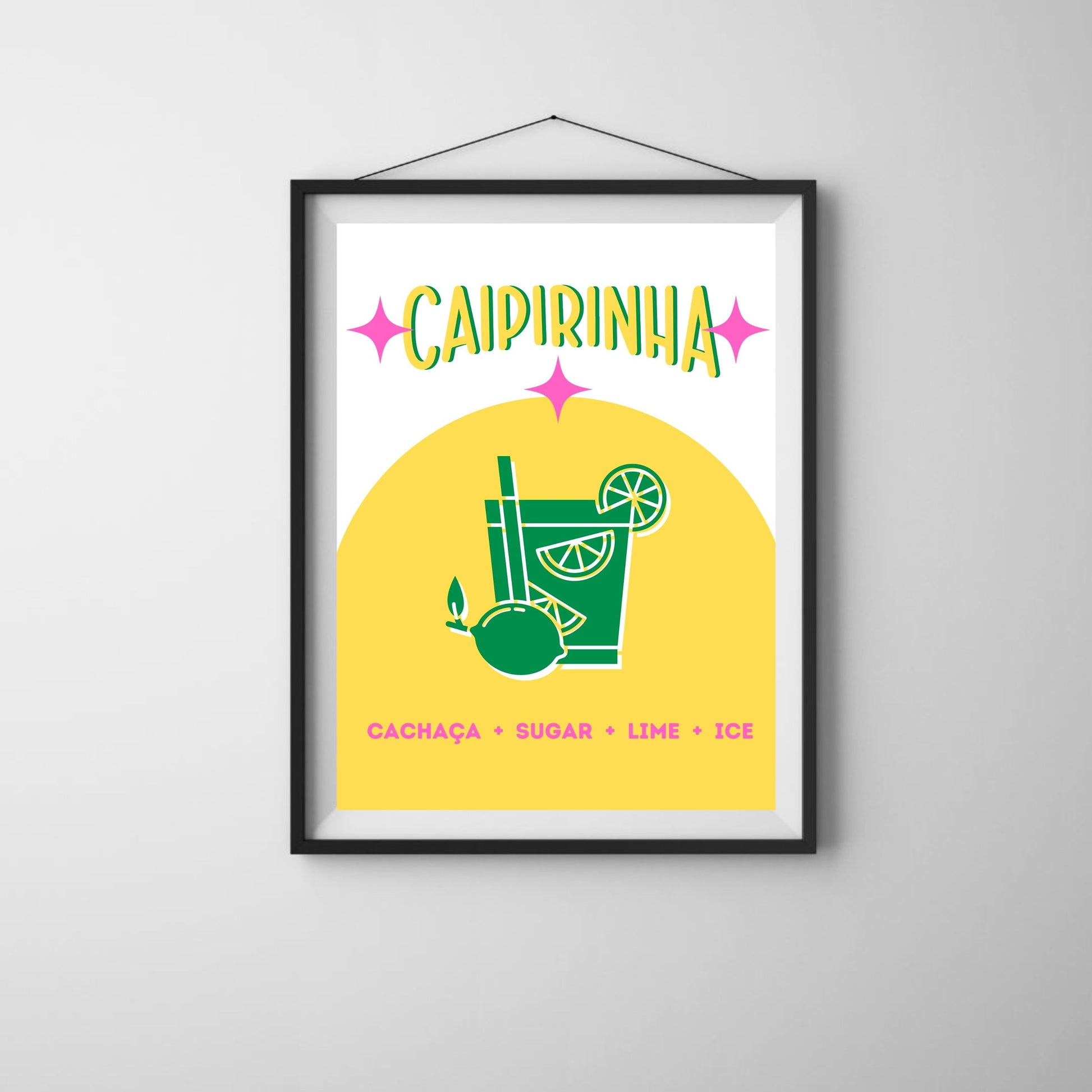 Caipirinha Cocktail art print with a white and yellow background featuring a green caipirinha cocktail drawing and ingredients listed at the bottom. Vibrant and fun design perfect for kitchens and bars.
