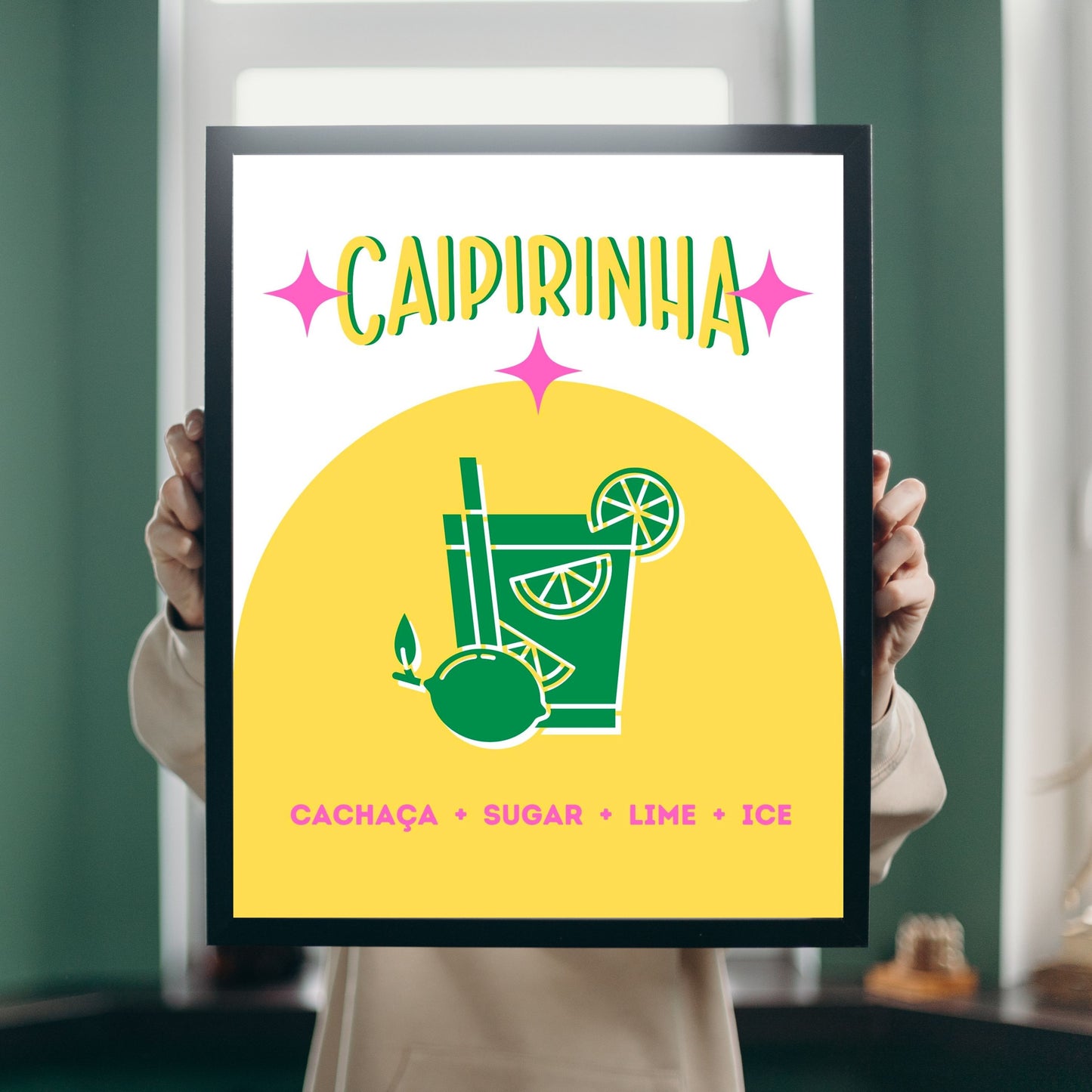 Caipirinha Cocktail art print with a white and yellow background featuring a green caipirinha cocktail drawing and ingredients listed at the bottom. Vibrant and fun design perfect for kitchens and bars.