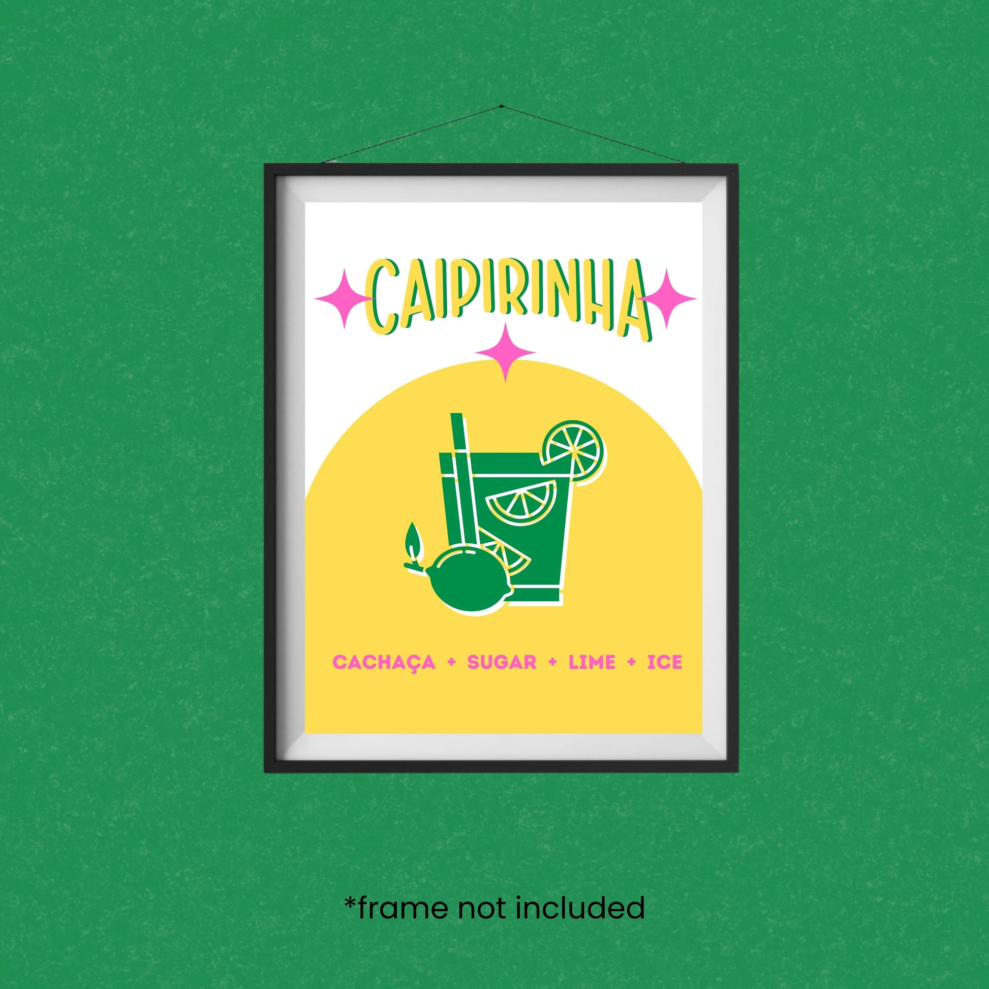Caipirinha Cocktail art print with a white and yellow background featuring a green caipirinha cocktail drawing and ingredients listed at the bottom. Vibrant and fun design perfect for kitchens and bars.