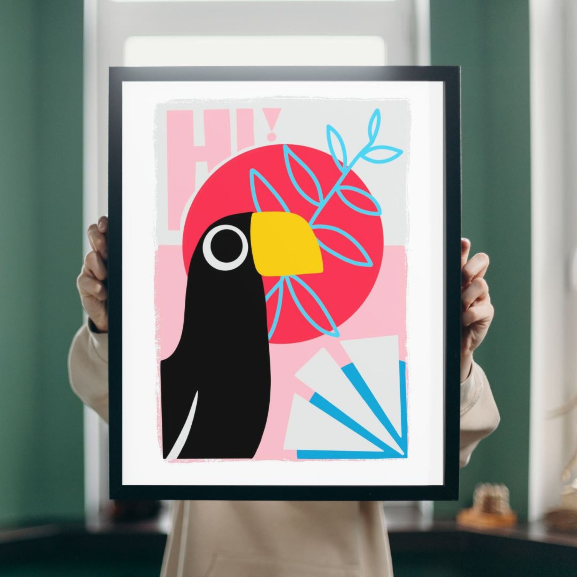 Colorful art print of a cheerful toucan with the word Hi – perfect for adding a tropical and playful touch to any room.