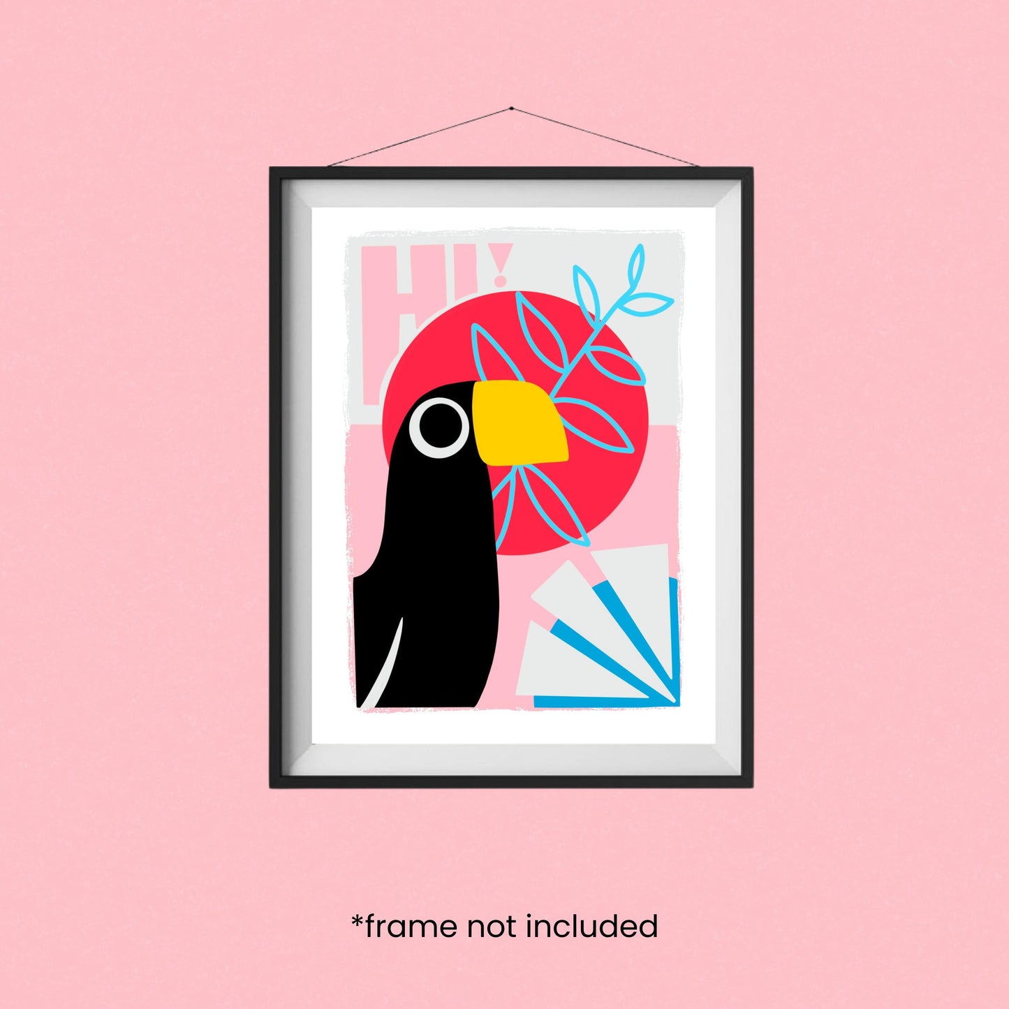 Colorful art print of a cheerful toucan with the word Hi – perfect for adding a tropical and playful touch to any room.