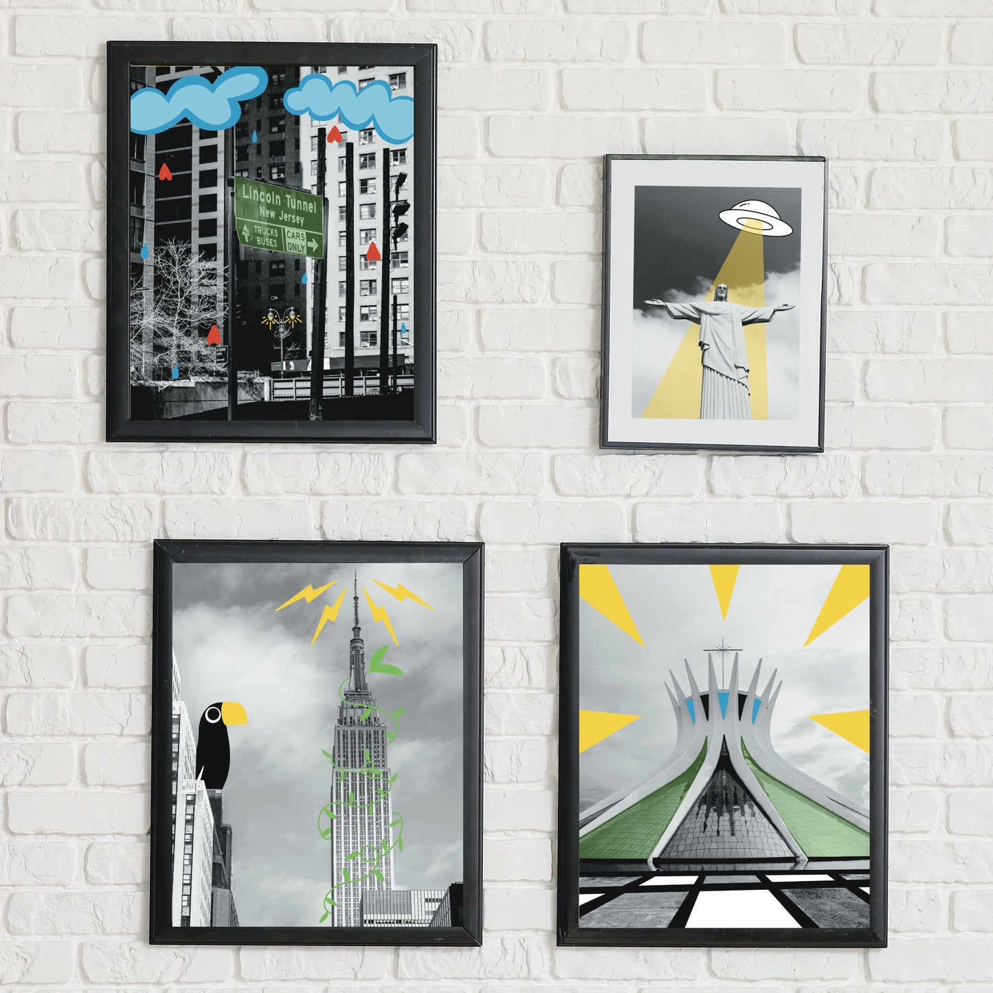 Black and white art print of the Lincoln Tunnel with illustrated clouds raining hearts and a glowing streetlight. Urban wall art mixing photography and illustration, perfect for New York lovers and modern home décor.