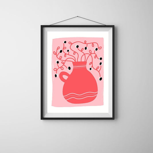 Look At Nature art print with a whimsical drawing of a red vase and a crazy plant with tiny eyes against a pink background, adding playful charm to any room.