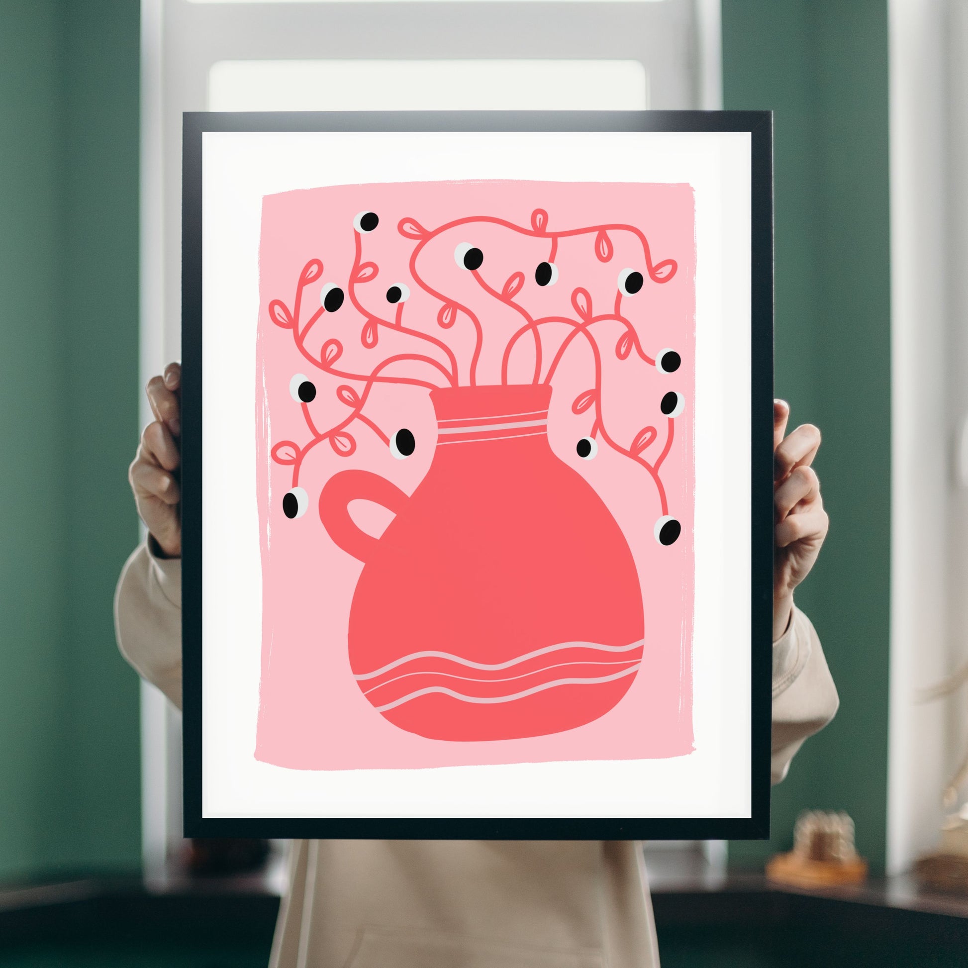 Look At Nature art print with a whimsical drawing of a red vase and a crazy plant with tiny eyes against a pink background, adding playful charm to any room.