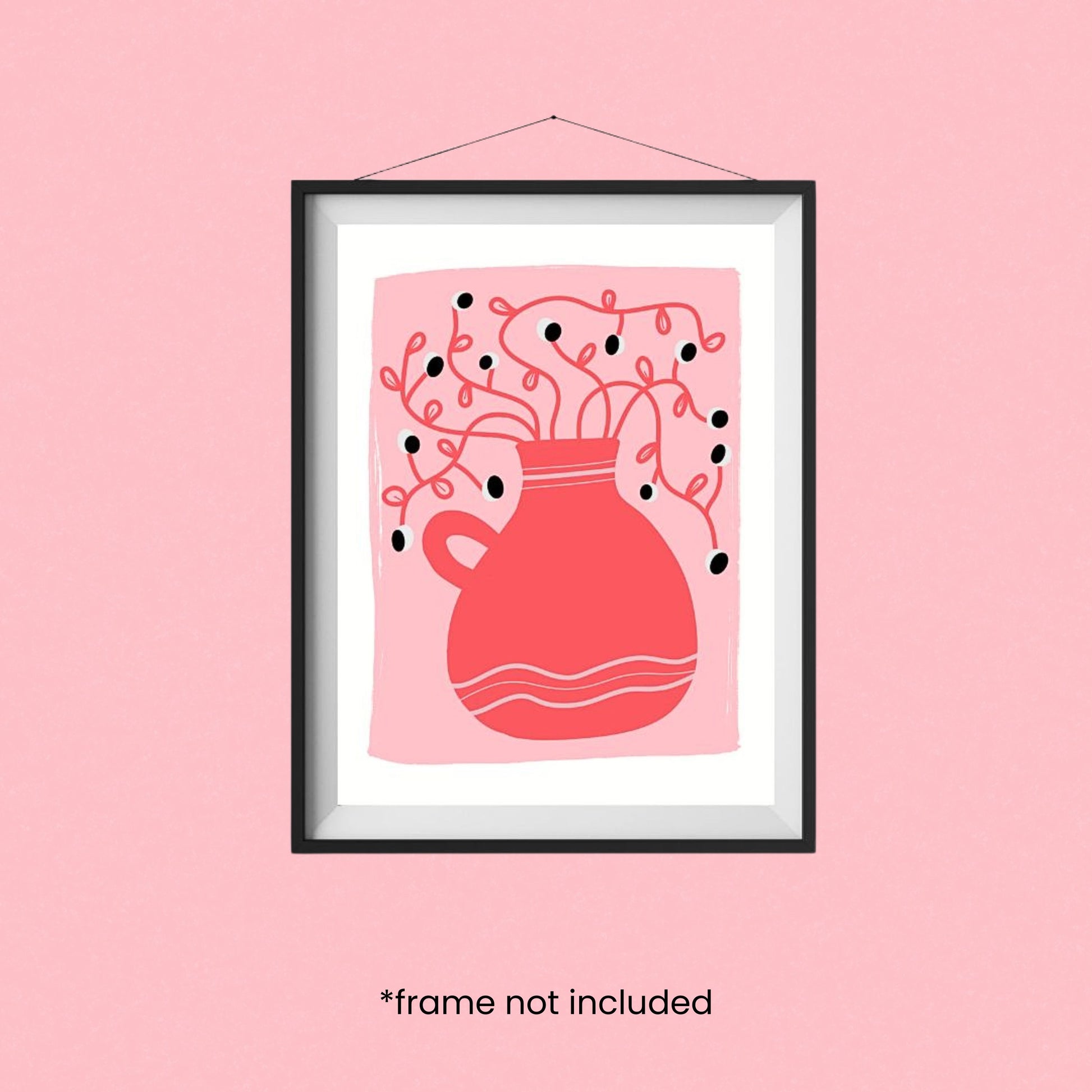 Look At Nature art print with a whimsical drawing of a red vase and a crazy plant with tiny eyes against a pink background, adding playful charm to any room.