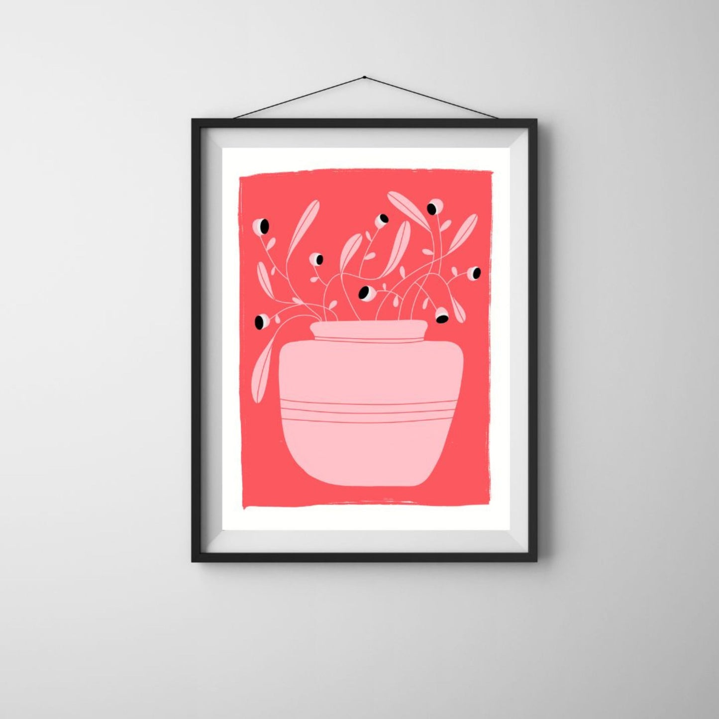 Nature Is Looking art print featuring an original drawing of a pink vase with a crazy plant with little eyes, set against a red background. Perfect for adding a touch of whimsy and humor to any space.