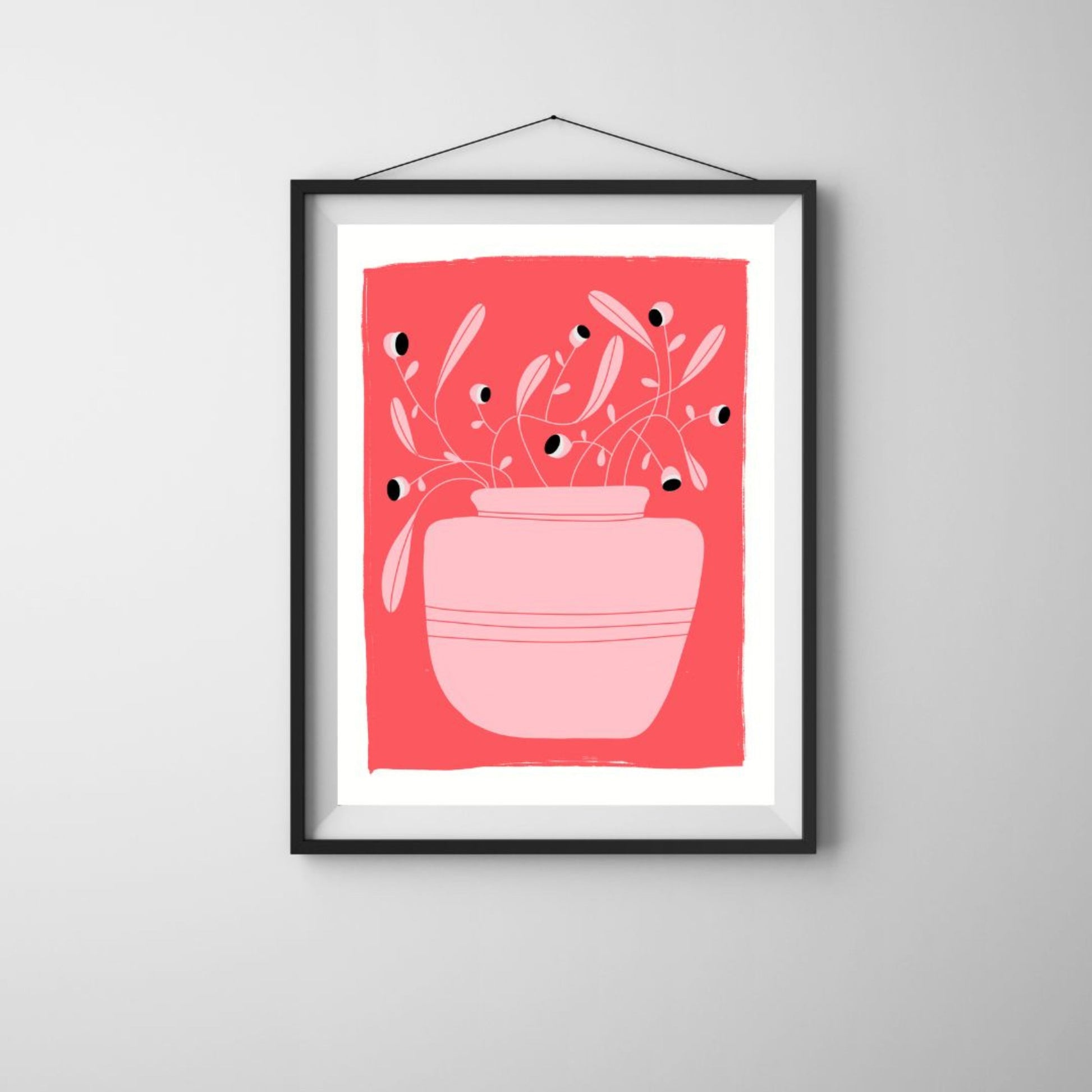 Nature Is Looking art print featuring an original drawing of a pink vase with a crazy plant with little eyes, set against a red background. Perfect for adding a touch of whimsy and humor to any space.