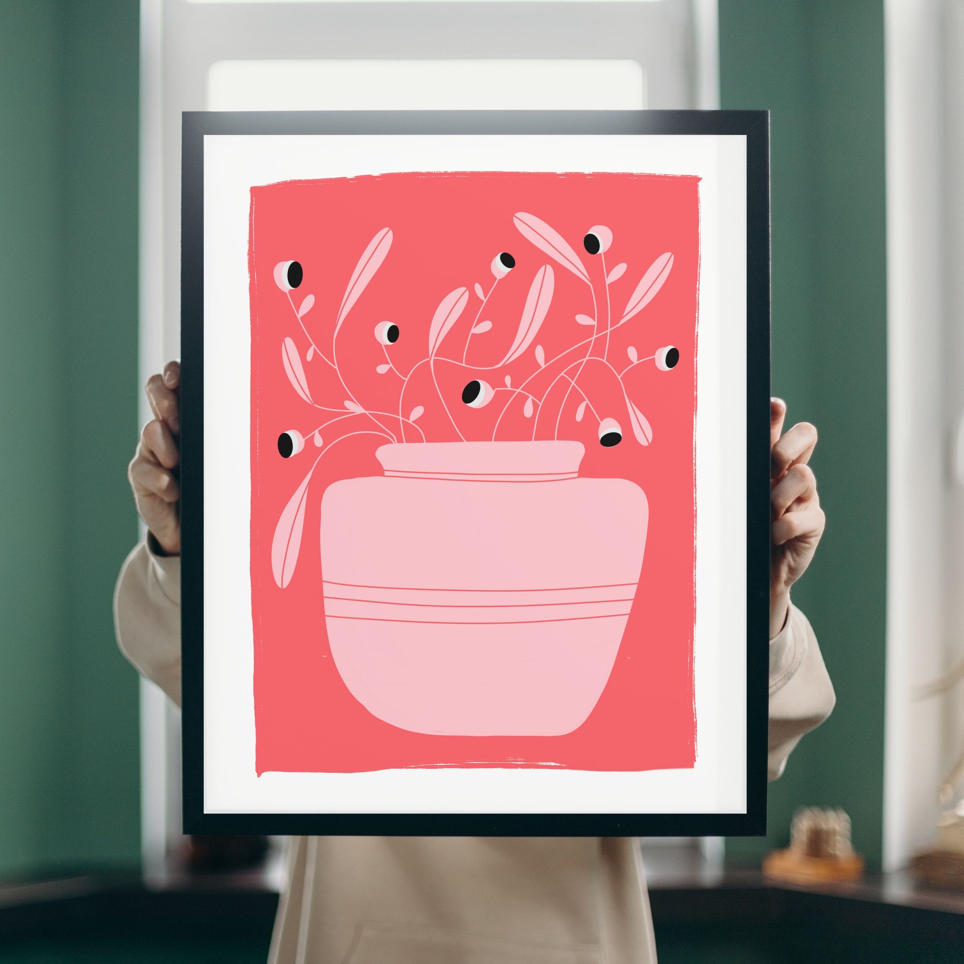 Nature Is Looking art print featuring an original drawing of a pink vase with a crazy plant with little eyes, set against a red background. Perfect for adding a touch of whimsy and humor to any space.