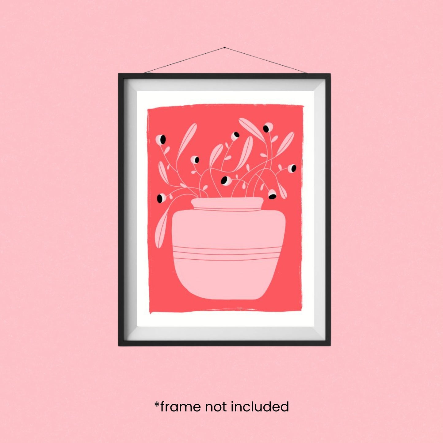 Nature Is Looking art print featuring an original drawing of a pink vase with a crazy plant with little eyes, set against a red background. Perfect for adding a touch of whimsy and humor to any space.