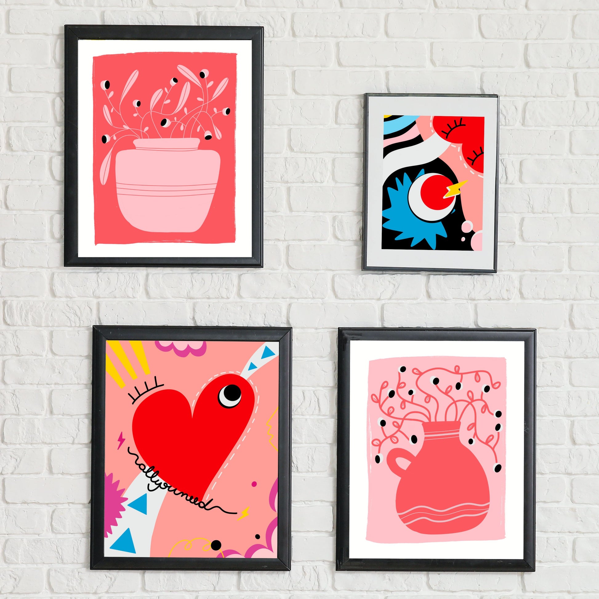 Nature Is Looking art print featuring an original drawing of a pink vase with a crazy plant with little eyes, set against a red background. Perfect for adding a touch of whimsy and humor to any space.