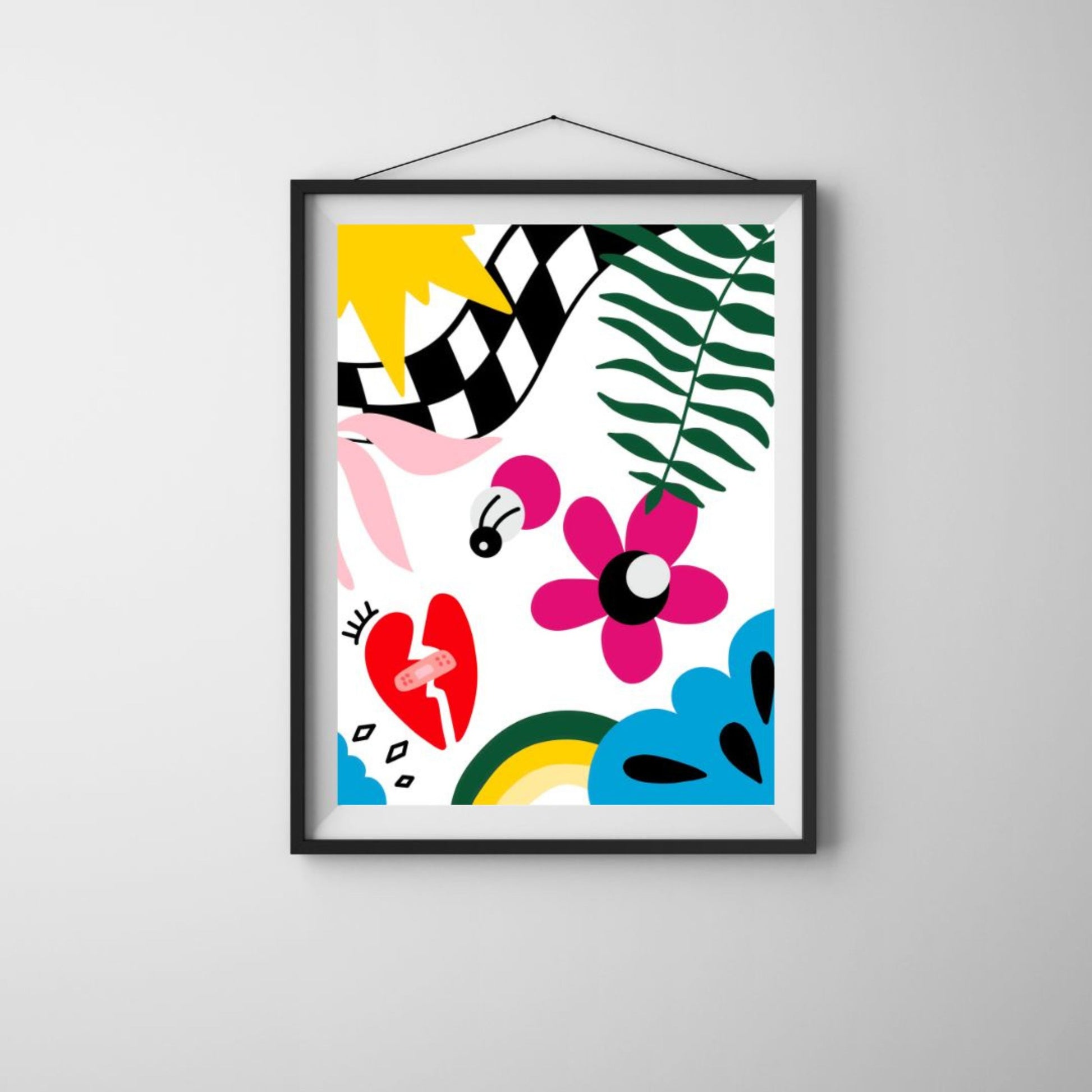 Path to Heal art print with colorful drawings on a white background, featuring a checkerboard road, a broken heart with a band-aid, and a flower, symbolizing the journey to healing.