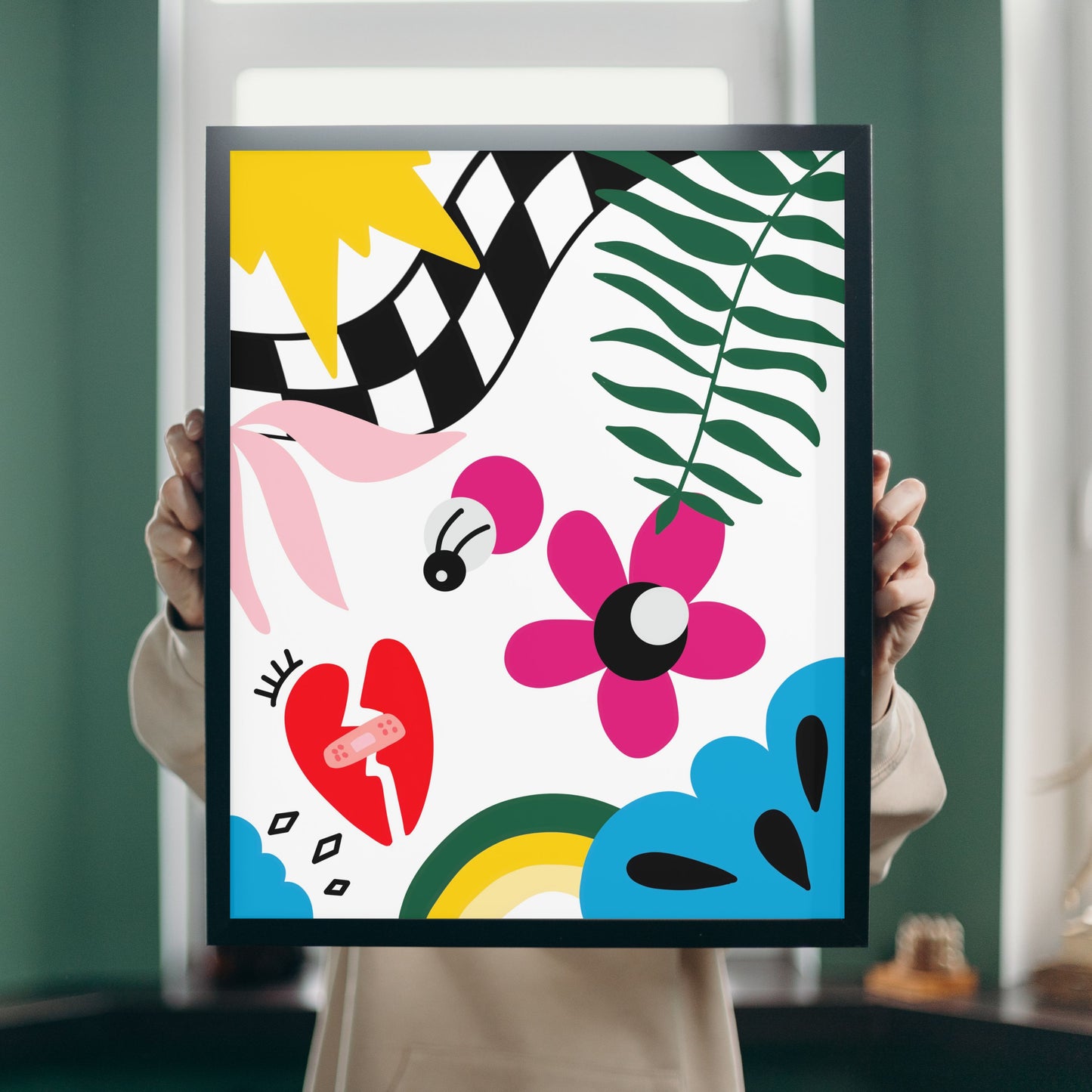 Path to Heal art print with colorful drawings on a white background, featuring a checkerboard road, a broken heart with a band-aid, and a flower, symbolizing the journey to healing.