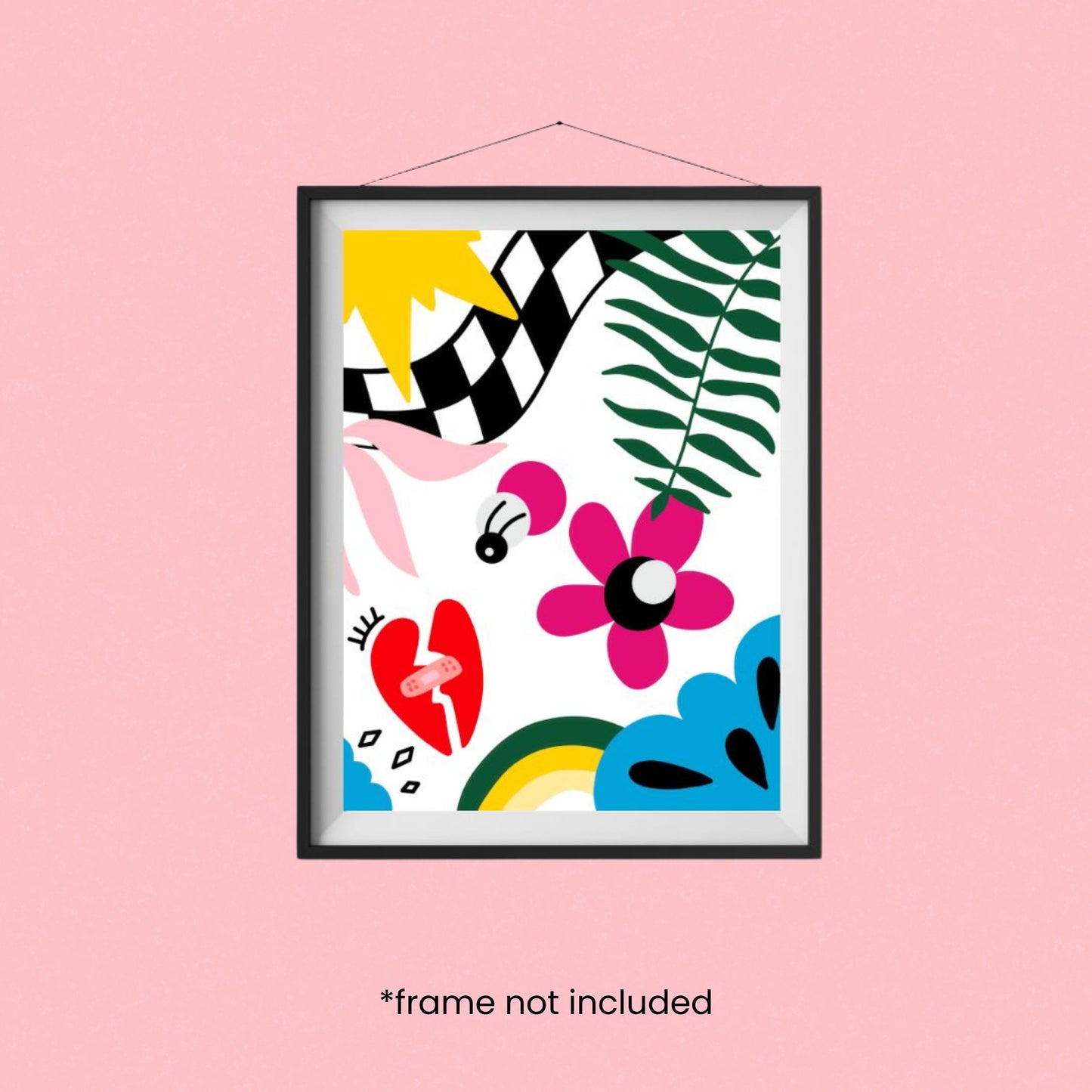 Path to Heal art print with colorful drawings on a white background, featuring a checkerboard road, a broken heart with a band-aid, and a flower, symbolizing the journey to healing.