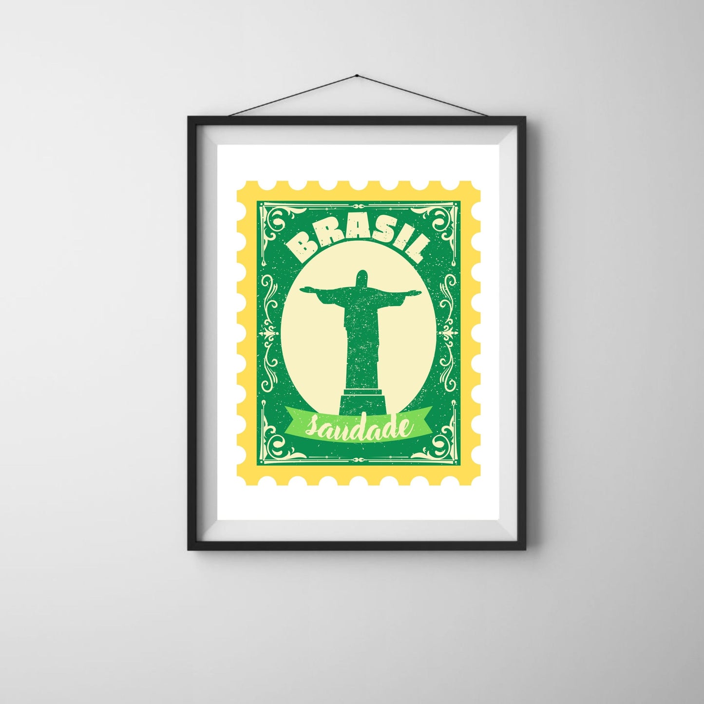 Saudade Art Print featuring a yellow and green vintage-style stamp with Cristo Redentor in the center, perfect for adding a touch of Brazilian charm to your space.