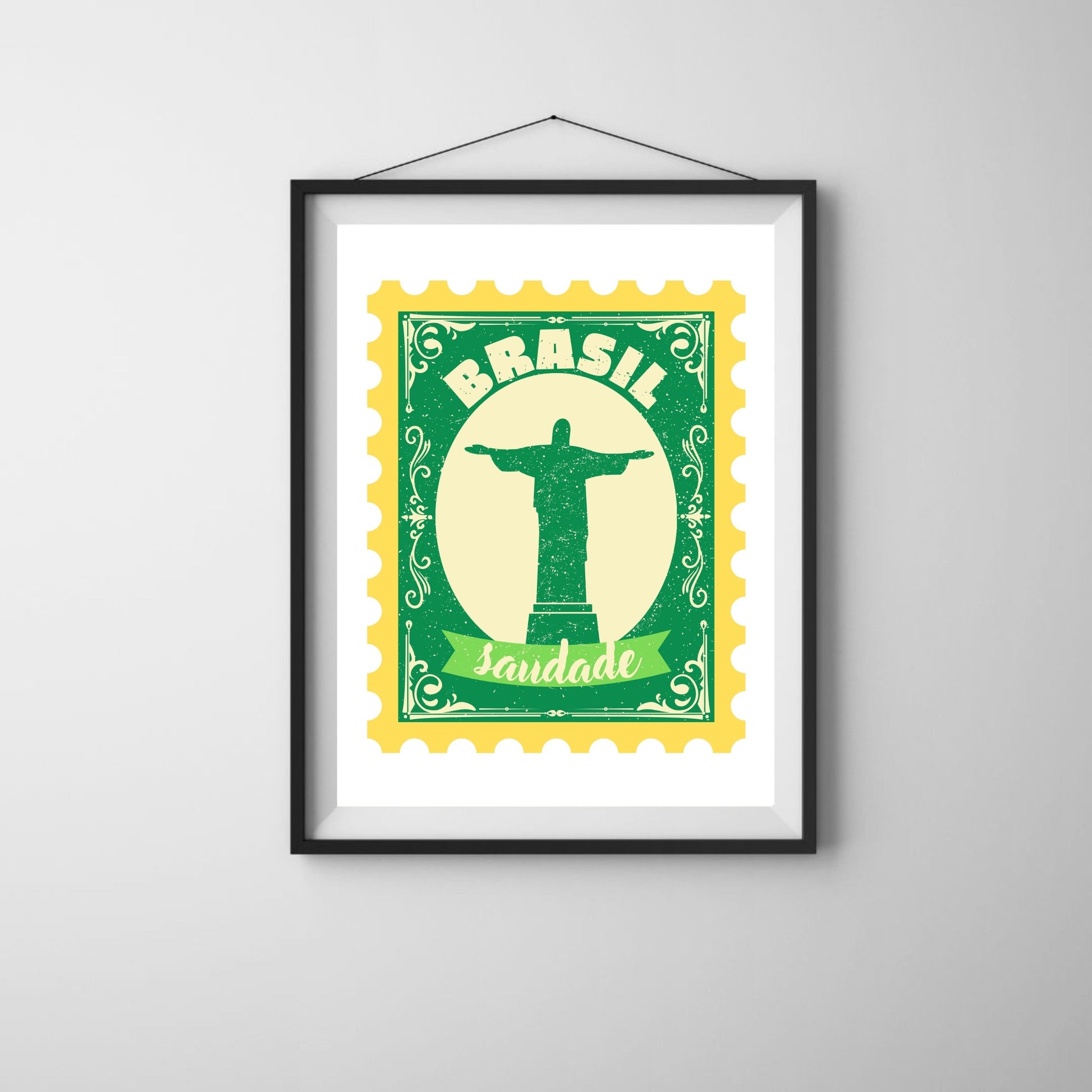 Saudade Art Print featuring a yellow and green vintage-style stamp with Cristo Redentor in the center, perfect for adding a touch of Brazilian charm to your space.