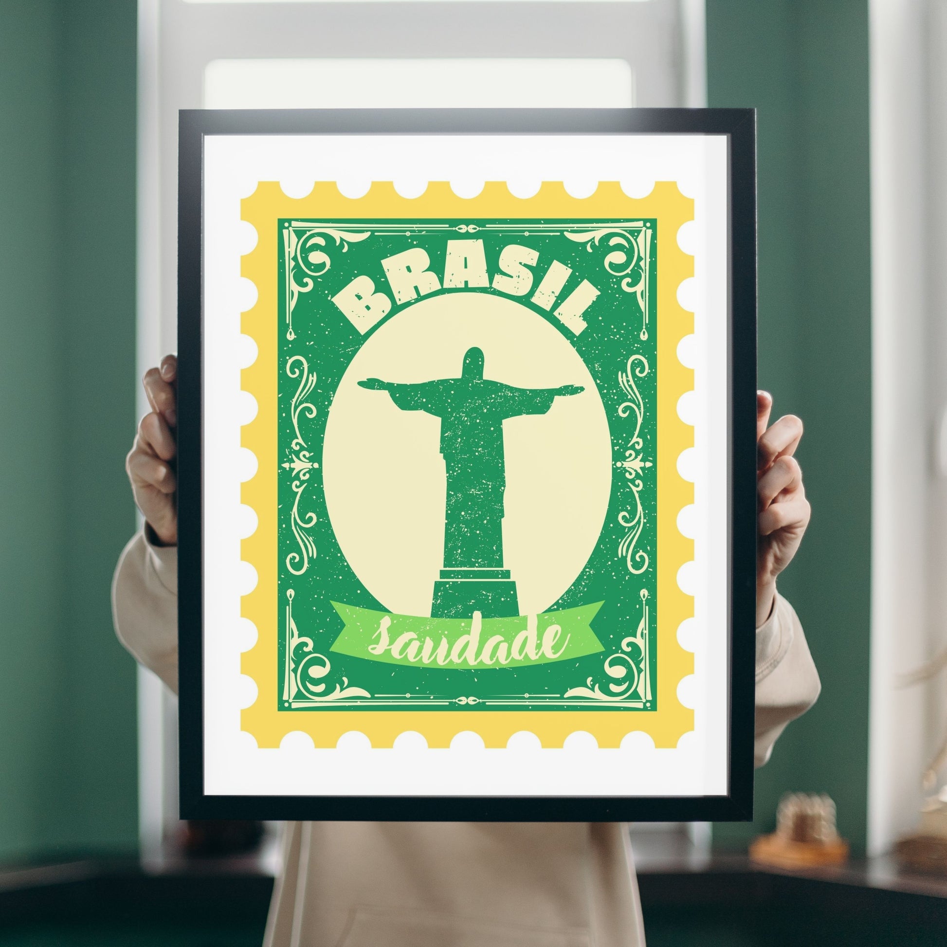 Saudade Art Print featuring a yellow and green vintage-style stamp with Cristo Redentor in the center, perfect for adding a touch of Brazilian charm to your space.