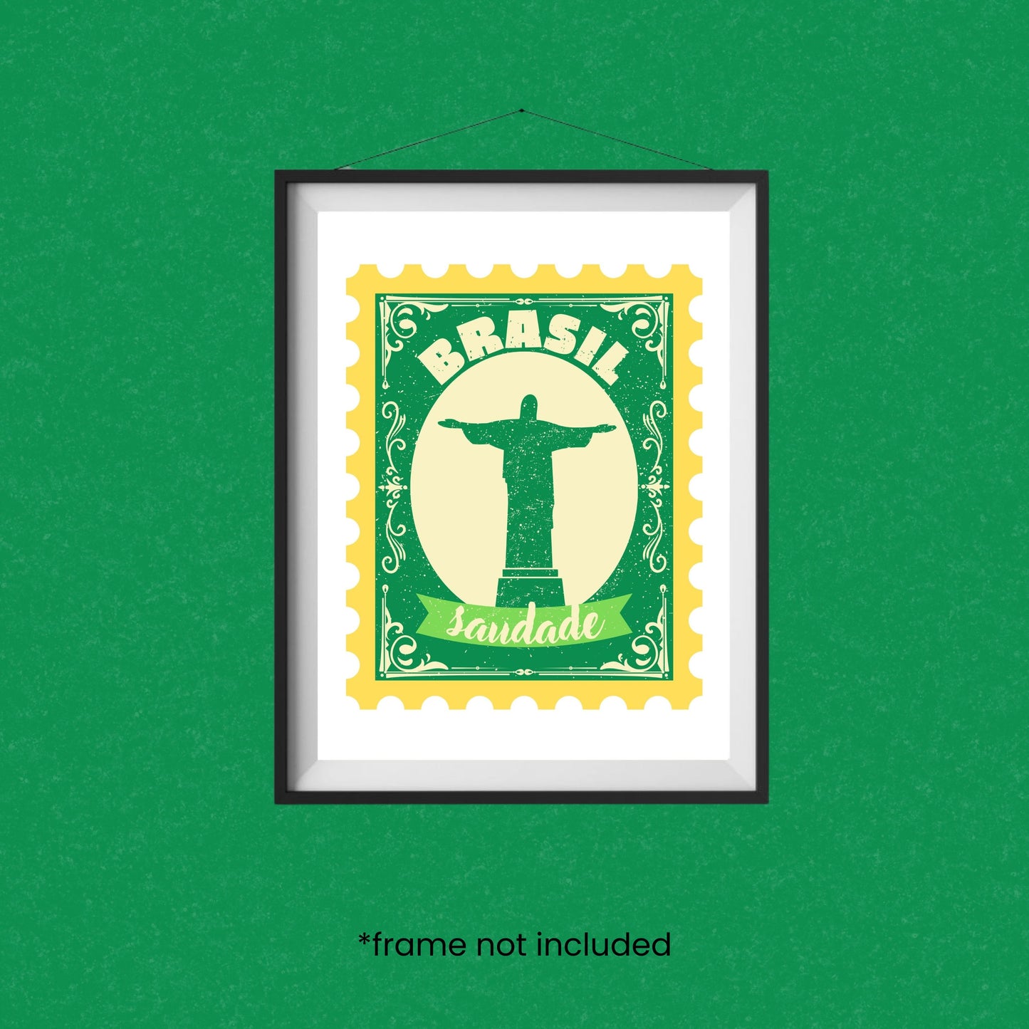 Saudade Art Print featuring a yellow and green vintage-style stamp with Cristo Redentor in the center, perfect for adding a touch of Brazilian charm to your space.