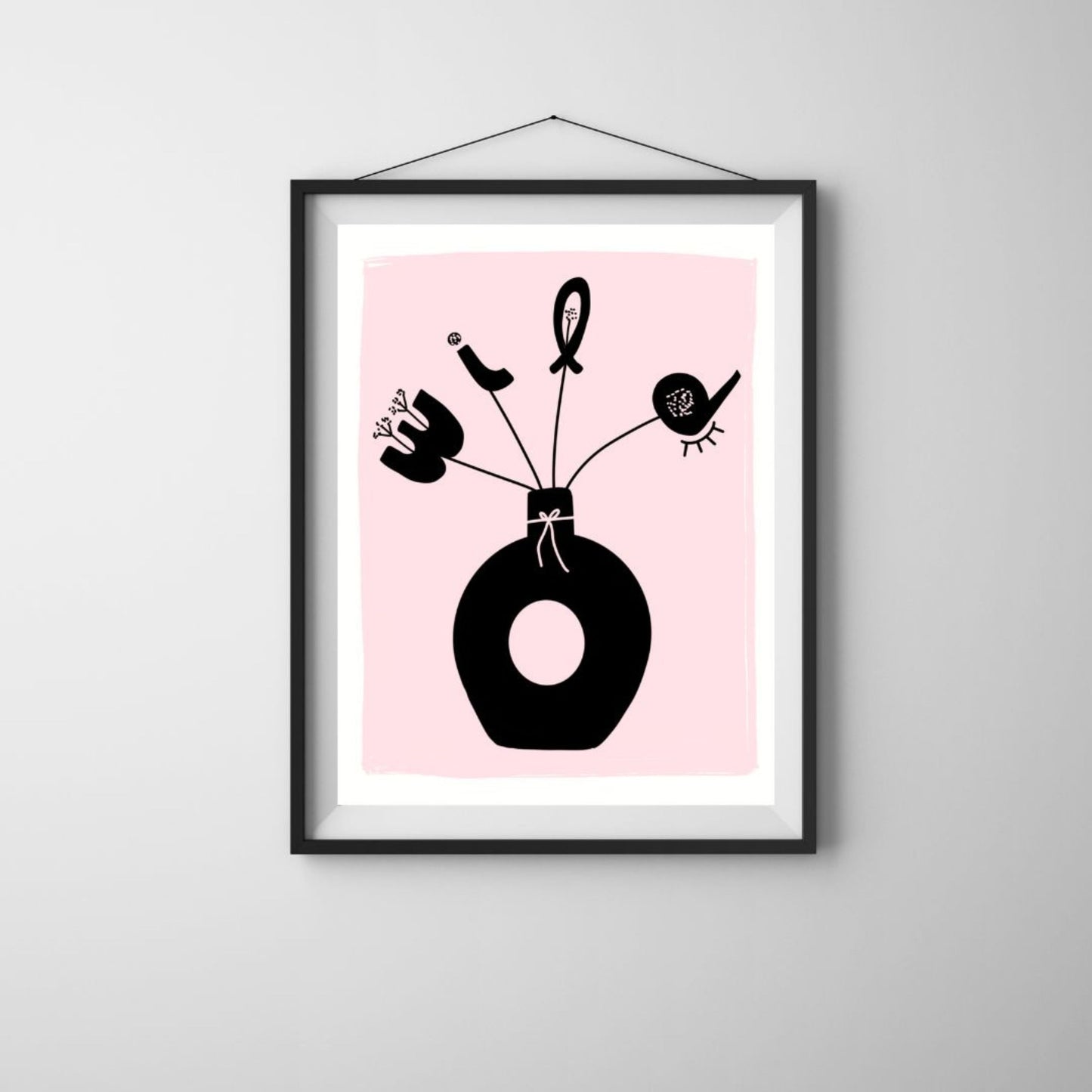 Wild One art print with light pink background and black vase with flowers spelling W I L D, original drawing, whimsical decor, colorful and fun.