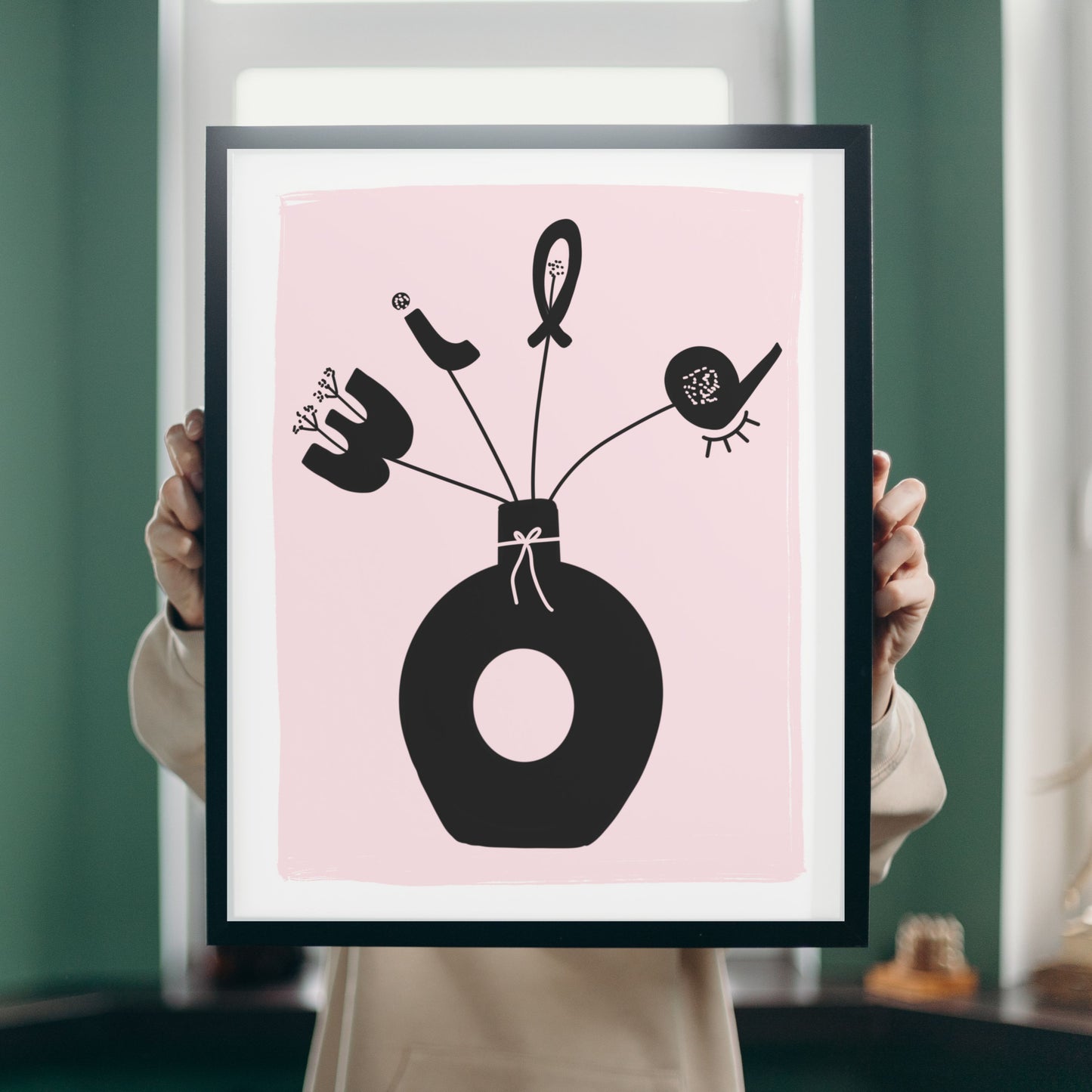 Wild One art print with light pink background and black vase with flowers spelling W I L D, original drawing, whimsical decor, colorful and fun.