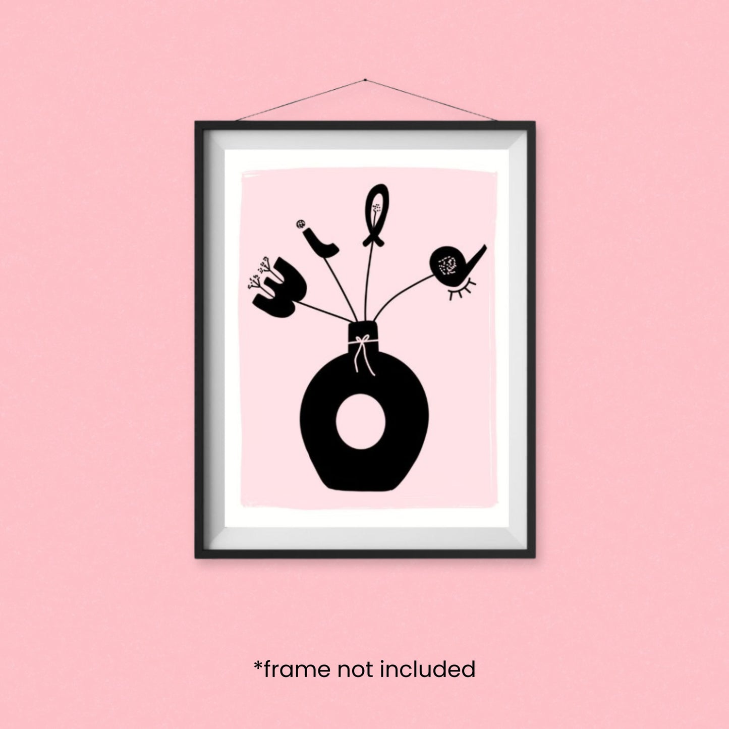 Wild One art print with light pink background and black vase with flowers spelling W I L D, original drawing, whimsical decor, colorful and fun.