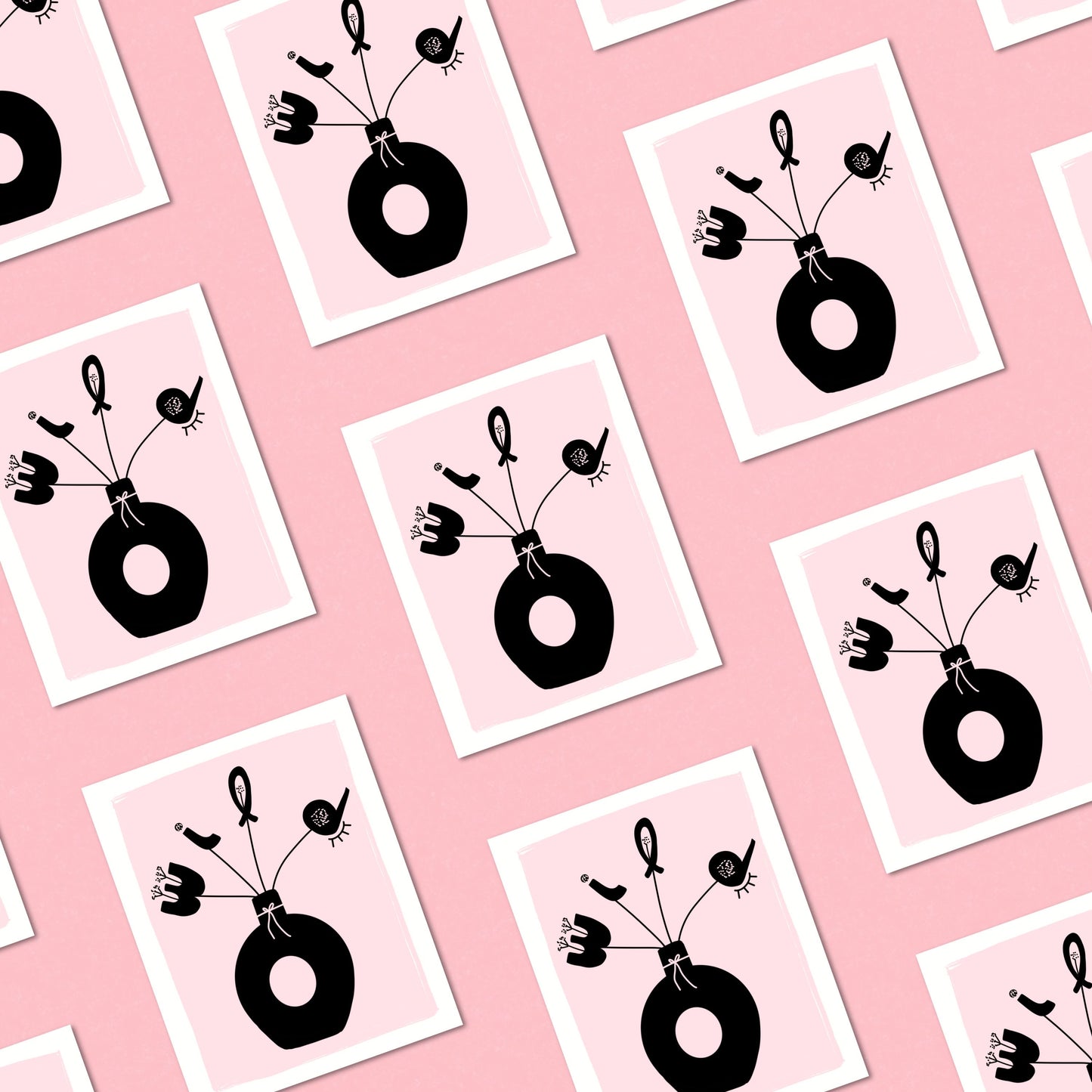 Wild One art print with light pink background and black vase with flowers spelling W I L D, original drawing, whimsical decor, colorful and fun.