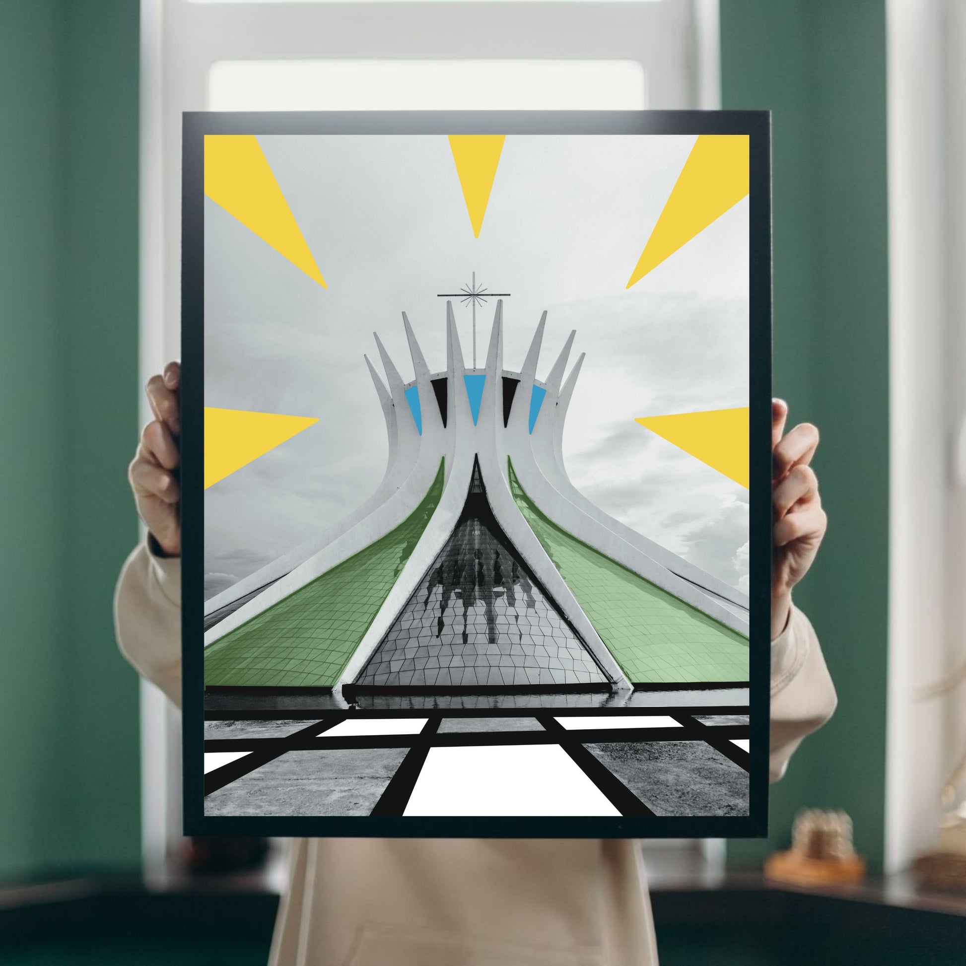 Black and white Brasília Cathedral art print with illustrated geometric rays and abstract details, modern wall art inspired by Brazilian architecture, unique home decor for design and architecture lovers.