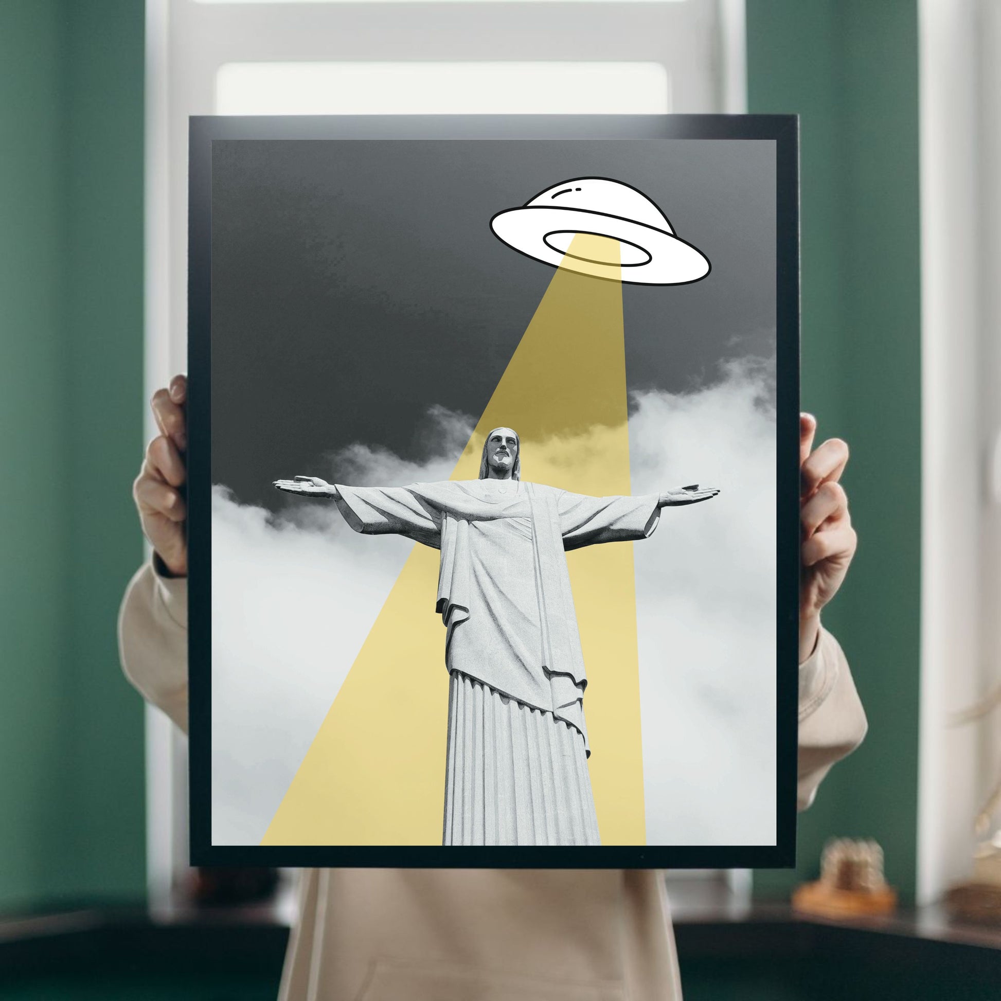 Black and white art print of Cristo Redentor in Rio de Janeiro with a playful illustrated UFO shining a beam of light, funny sci-fi wall decor, modern alien artwork, unique Brazil travel gift.