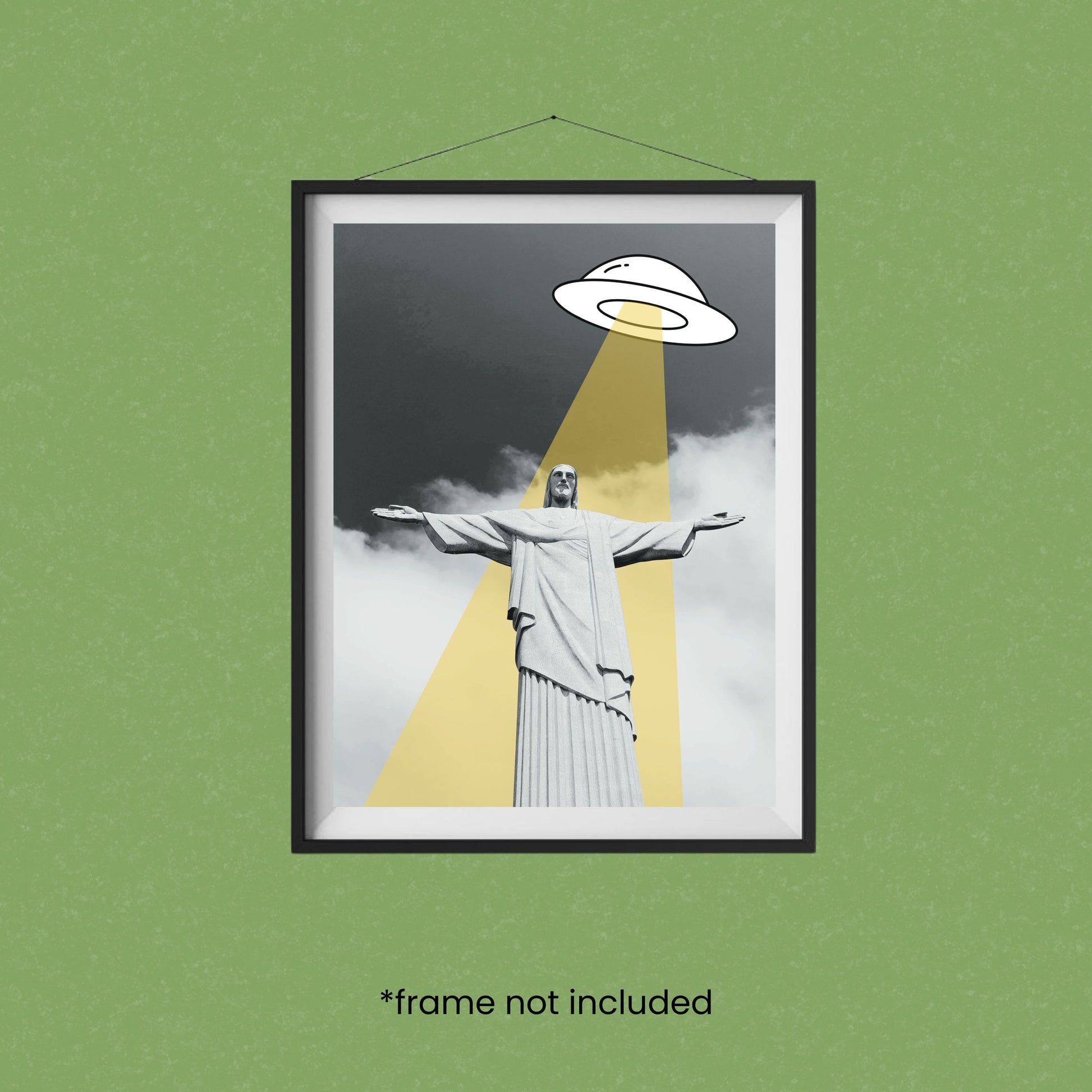 Black and white art print of Cristo Redentor in Rio de Janeiro with a playful illustrated UFO shining a beam of light, funny sci-fi wall decor, modern alien artwork, unique Brazil travel gift.