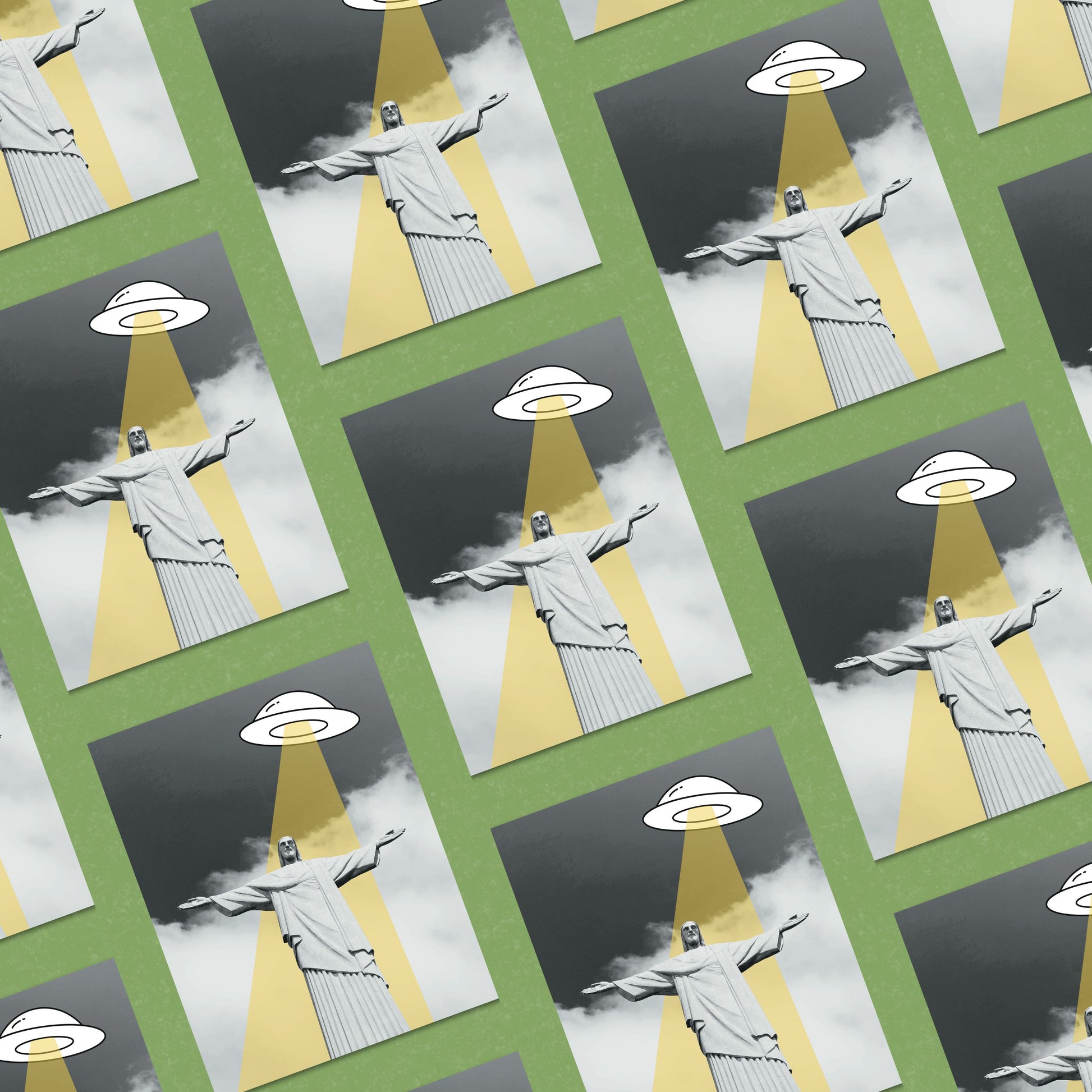 Black and white art print of Cristo Redentor in Rio de Janeiro with a playful illustrated UFO shining a beam of light, funny sci-fi wall decor, modern alien artwork, unique Brazil travel gift.