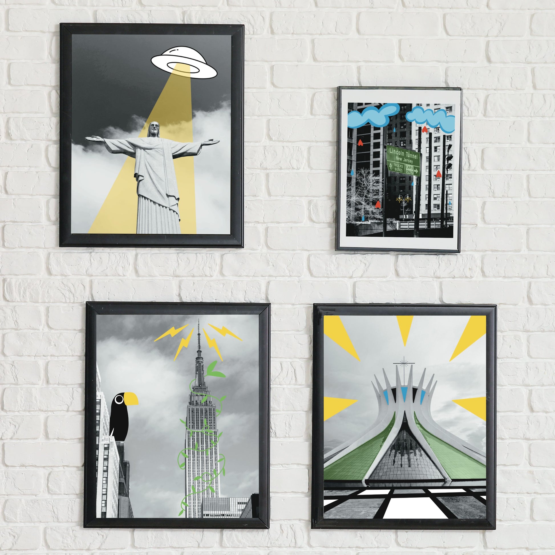 Black and white art print of Cristo Redentor in Rio de Janeiro with a playful illustrated UFO shining a beam of light, funny sci-fi wall decor, modern alien artwork, unique Brazil travel gift.
