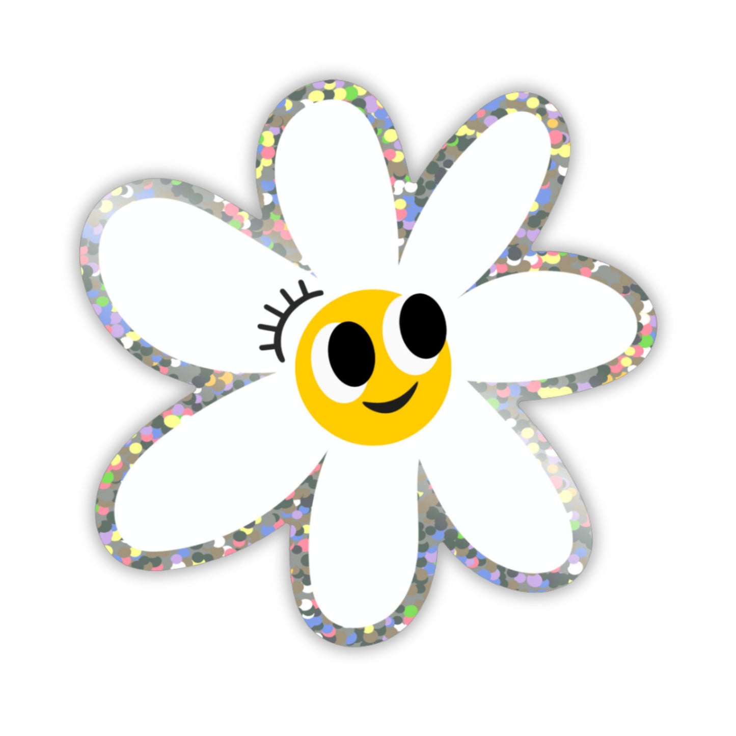 Glitter white daisy sticker with a smiley face, perfect for adding a touch of whimsy and positivity to your belongings.