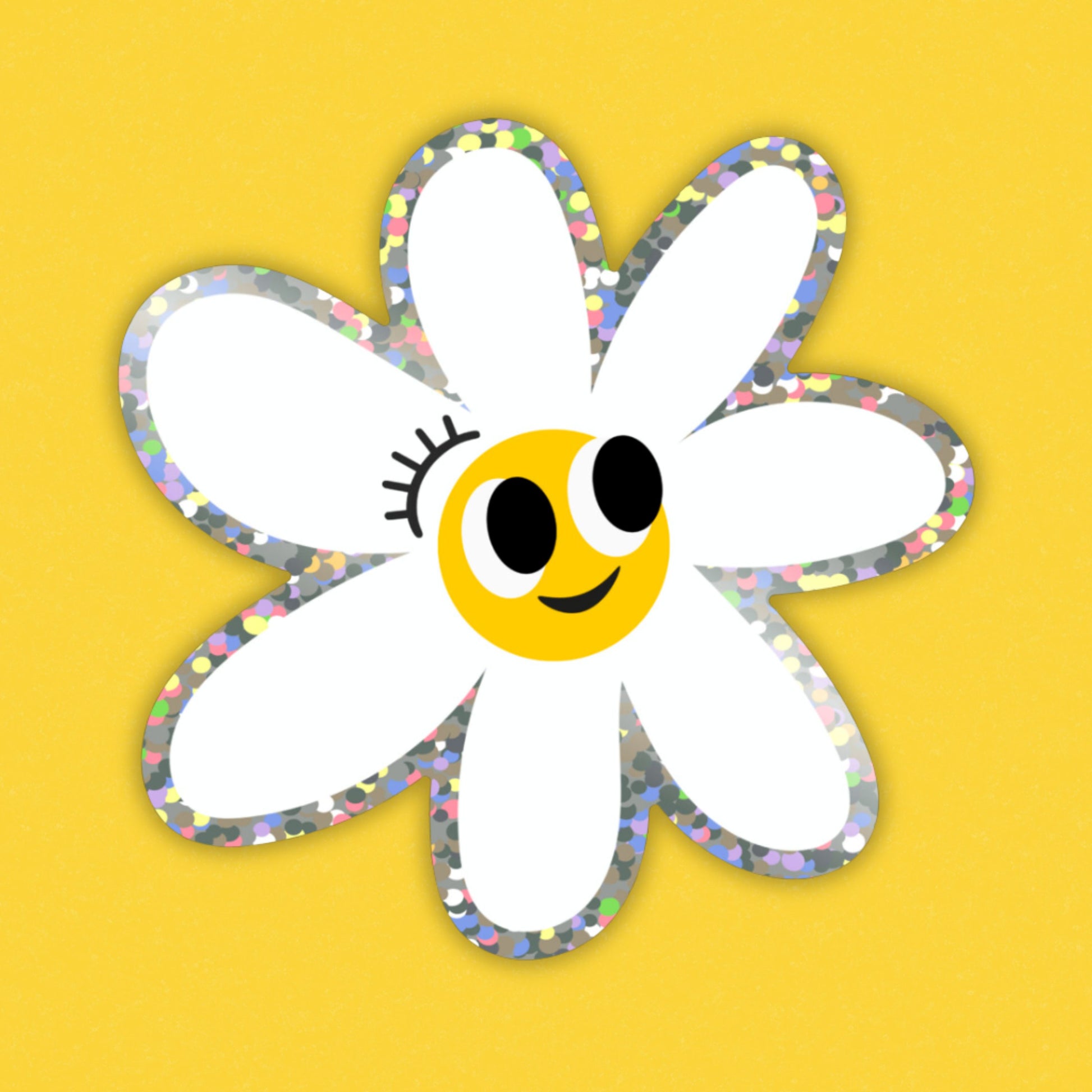 Glitter white daisy sticker with a smiley face, perfect for adding a touch of whimsy and positivity to your belongings.