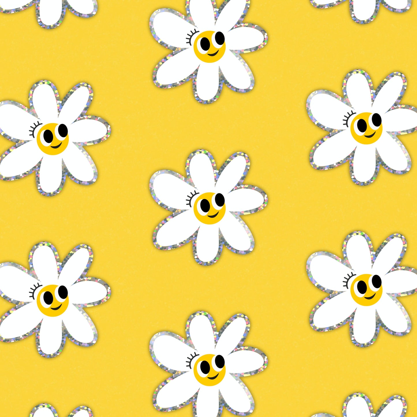 Glitter white daisy sticker with a smiley face, perfect for adding a touch of whimsy and positivity to your belongings.