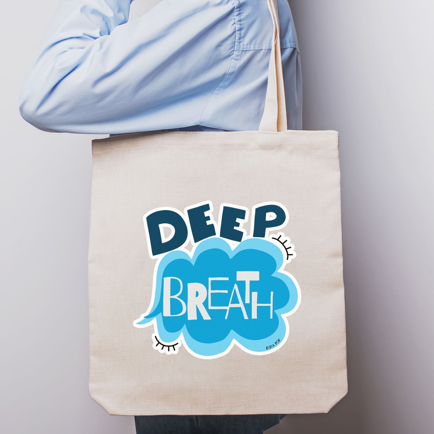 Deep Breath Tote Bag with original drawing of a serene cloud and the words Deep Breath written across it, perfect for carrying daily essentials and adding a touch of whimsy to your outfit.Deep Breath Tote Bag with original drawing of a serene cloud and the words Deep Breath written across it, perfect for carrying daily essentials and adding a touch of whimsy to your outfit.