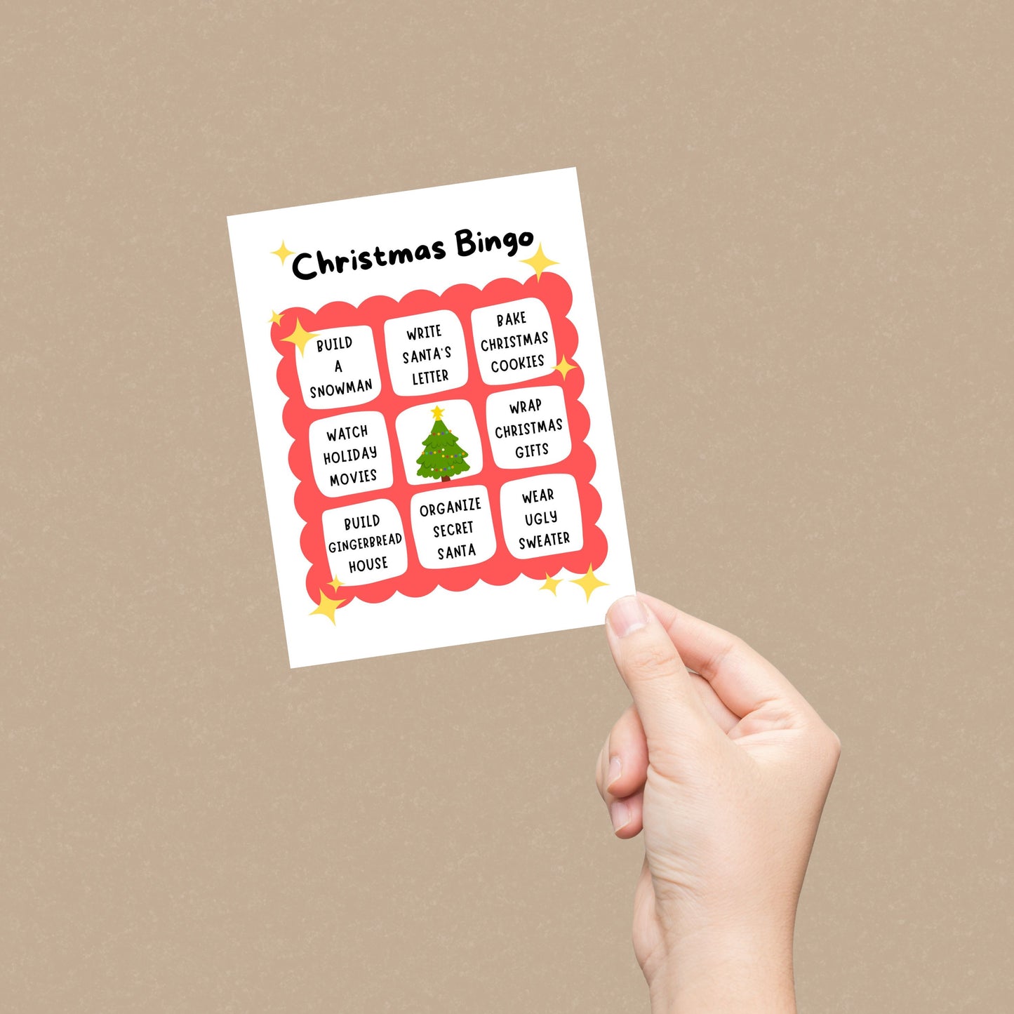Christmas Bingo greeting card featuring festive activities like building a snowman, writing a letter to Santa, wearing an ugly sweater, and building a gingerbread house. Perfect for spreading holiday cheer with a playful twist.