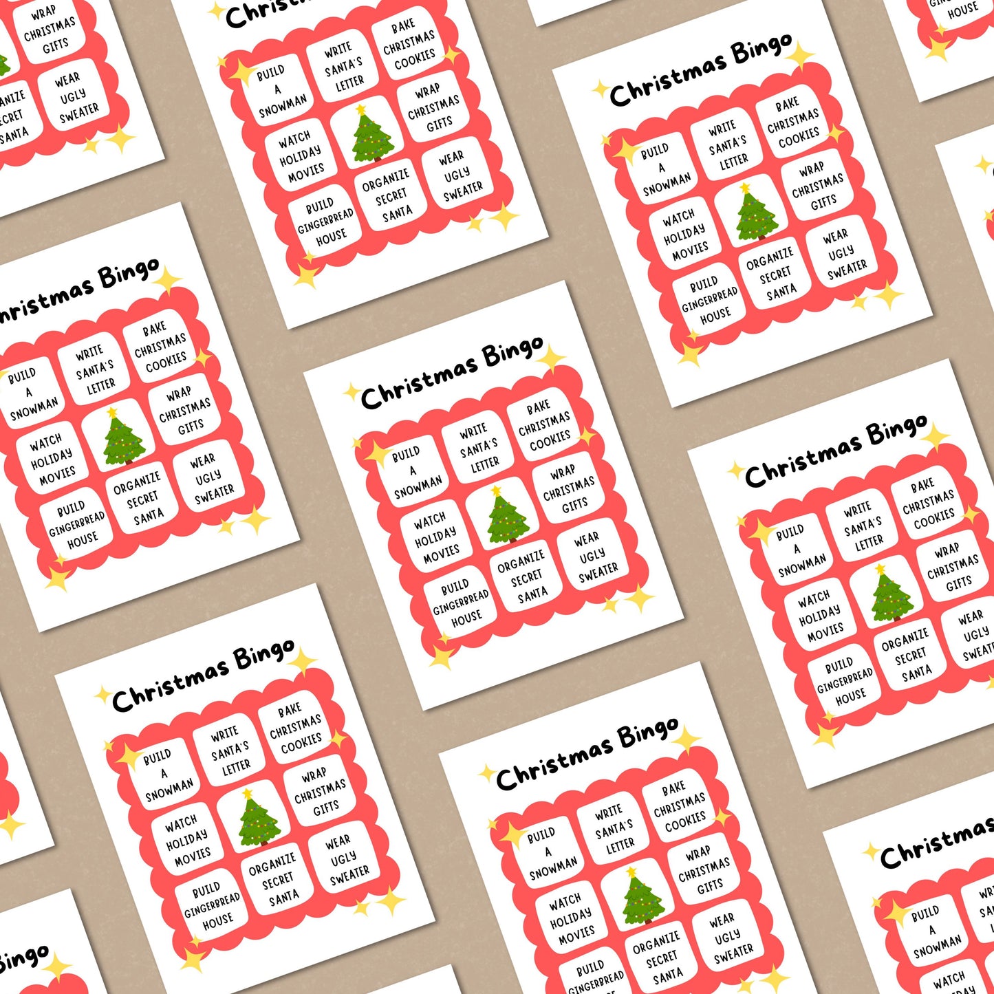 Christmas Bingo greeting card featuring festive activities like building a snowman, writing a letter to Santa, wearing an ugly sweater, and building a gingerbread house. Perfect for spreading holiday cheer with a playful twist.