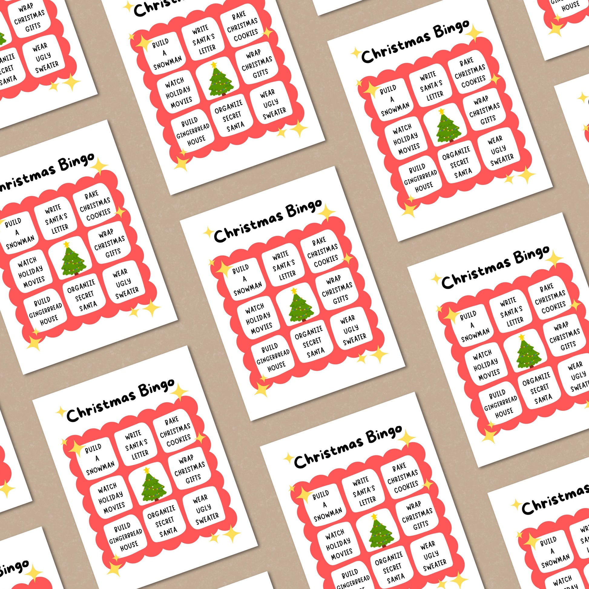 Christmas Bingo greeting card featuring festive activities like building a snowman, writing a letter to Santa, wearing an ugly sweater, and building a gingerbread house. Perfect for spreading holiday cheer with a playful twist.