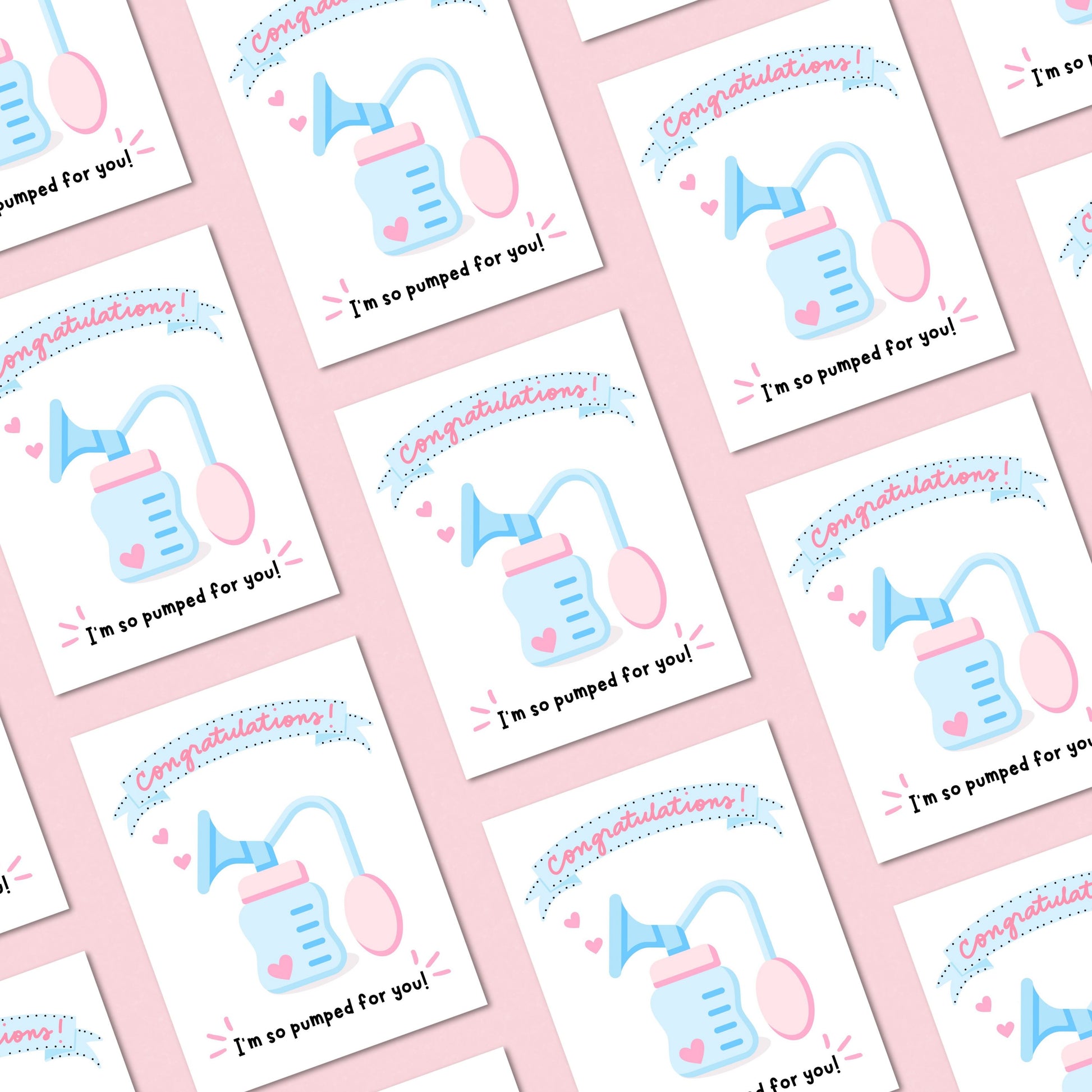 Funny new baby card with a breast pump illustration and the phrase "Congratulations! I’m So Pumped For You!". Perfect for new parents, baby showers, and breastfeeding moms. Cute and humorous parenting card to celebrate a new arrival.