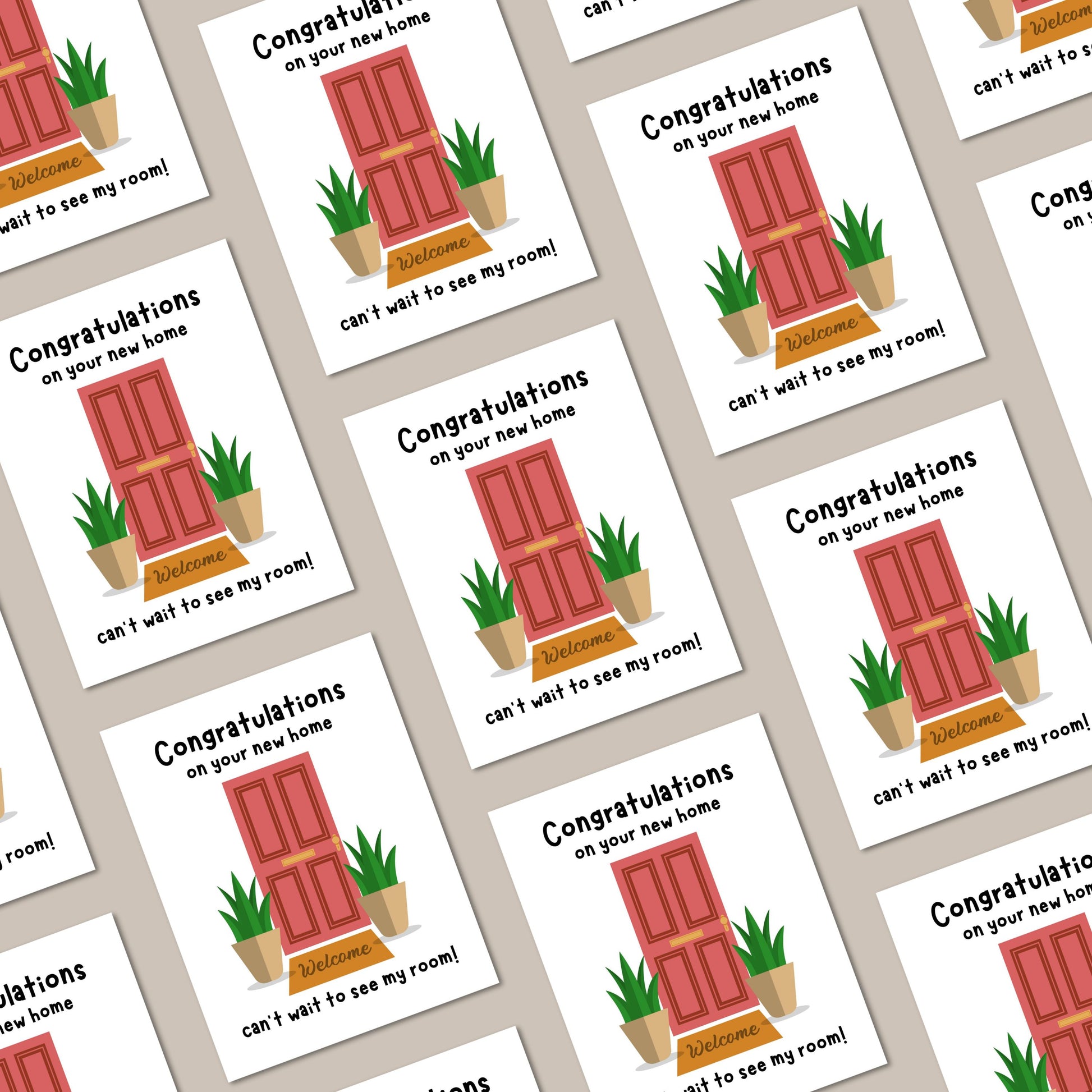 Funny new home greeting card with red front door, welcome mat, and potted plants, featuring the phrase “Congratulations On Your New Home, Can’t Wait To See My New Room” — perfect for housewarming, real estate gifts, or new homeowners.