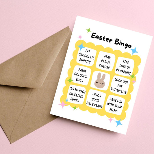 Easter Bingo greeting card featuring a playful bingo card with festive activities like eating chocolate bunnies, painting colorful eggs, and wearing pastel colors. Fun and lighthearted Easter card for friends, family, and loved ones.
