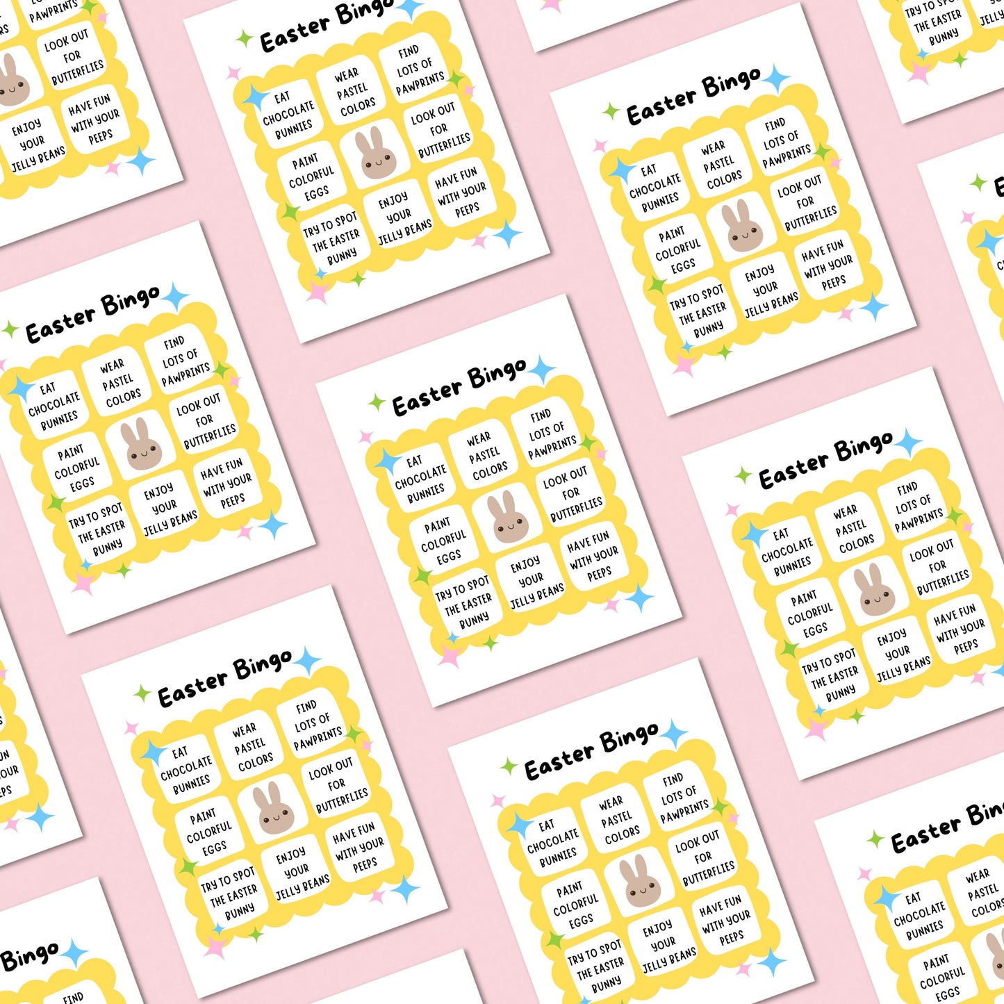 Easter Bingo greeting card featuring a playful bingo card with festive activities like eating chocolate bunnies, painting colorful eggs, and wearing pastel colors. Fun and lighthearted Easter card for friends, family, and loved ones.