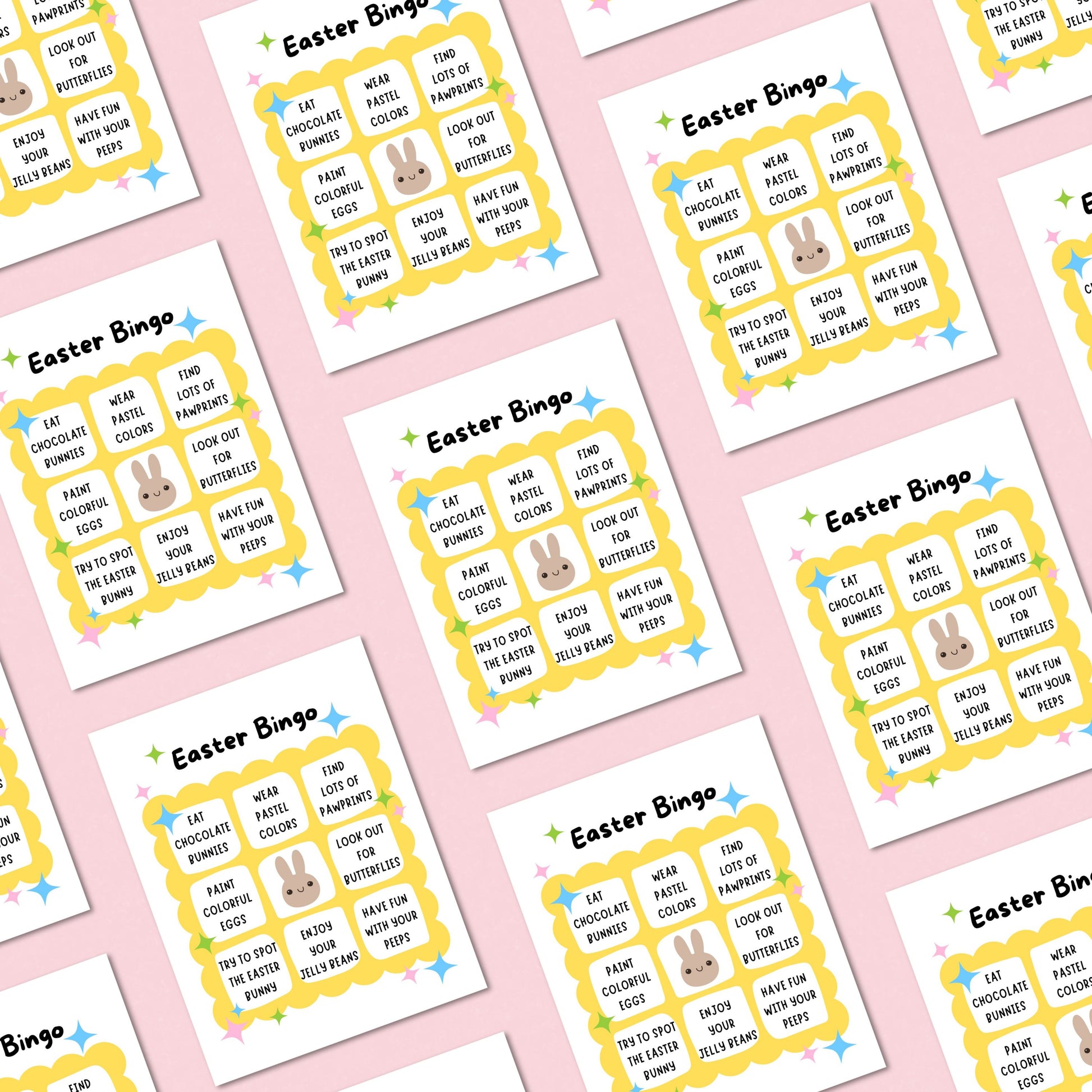 Easter Bingo greeting card featuring a playful bingo card with festive activities like eating chocolate bunnies, painting colorful eggs, and wearing pastel colors. Fun and lighthearted Easter card for friends, family, and loved ones.