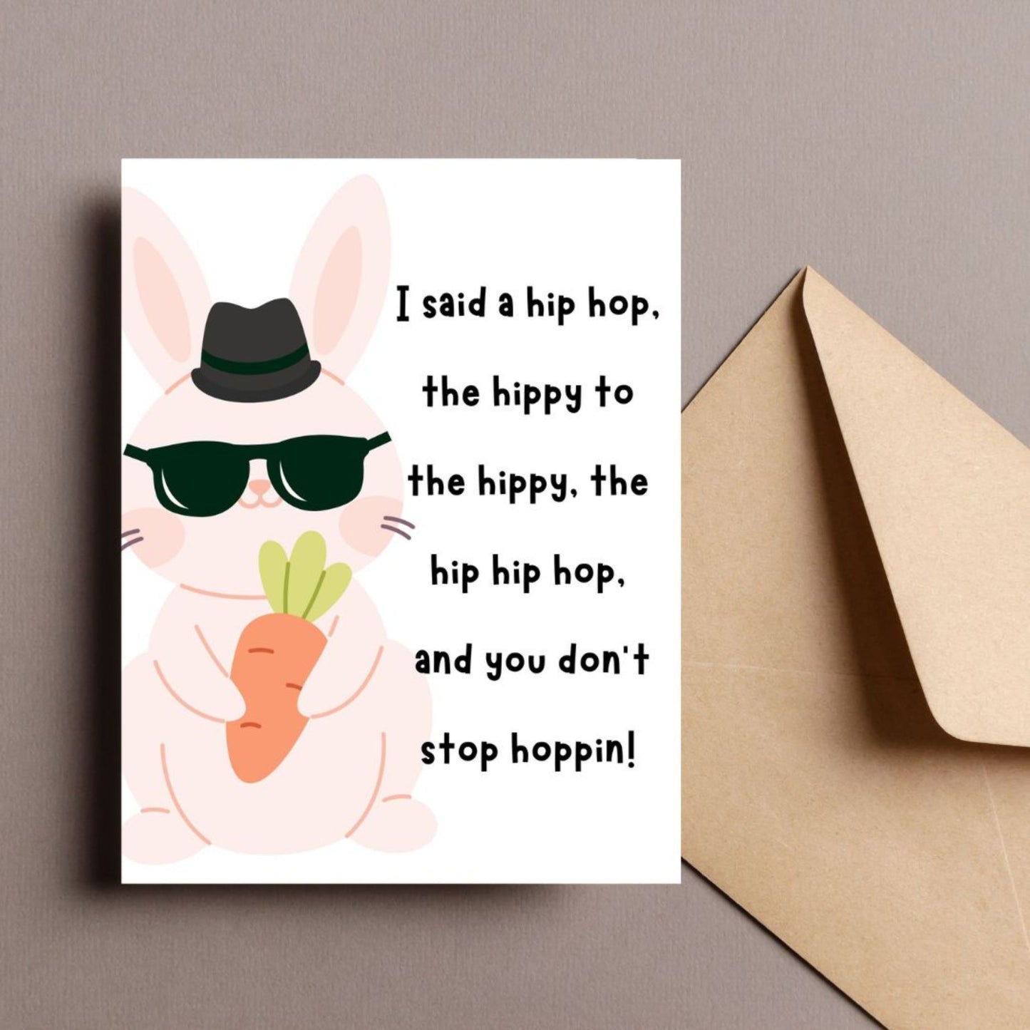 Funny Easter card featuring a rapper bunny with a parody of "Rapper’s Delight" lyrics. Perfect for music lovers, hip-hop fans, and Easter humor. Great for friends, family, and nostalgic '80s vibes. Celebrate Easter with laughs and hip-hop hoppin’ fun!